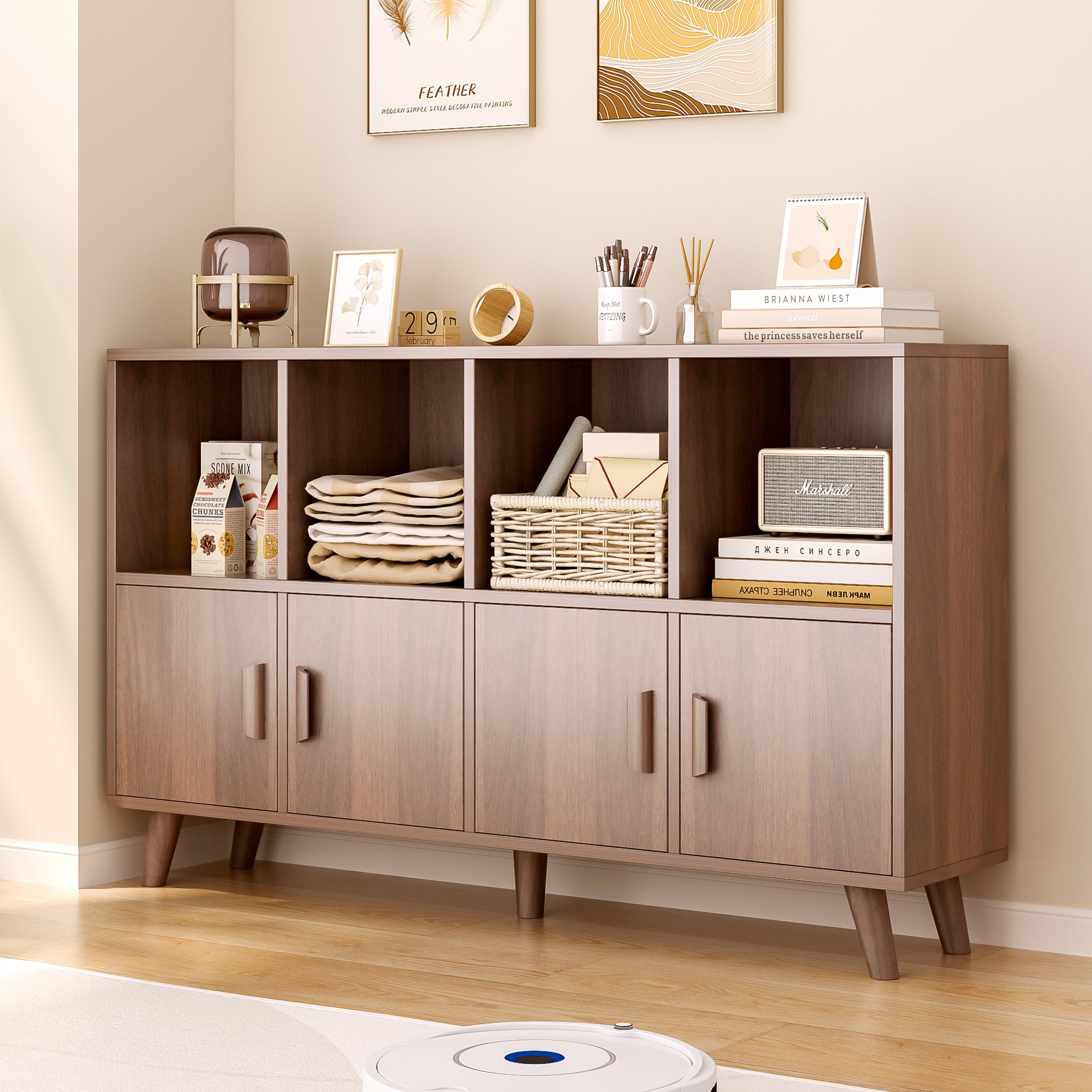 OSCHF Cubby Shelf Bookcase with Doors - Wooden 8 Cubes Floor