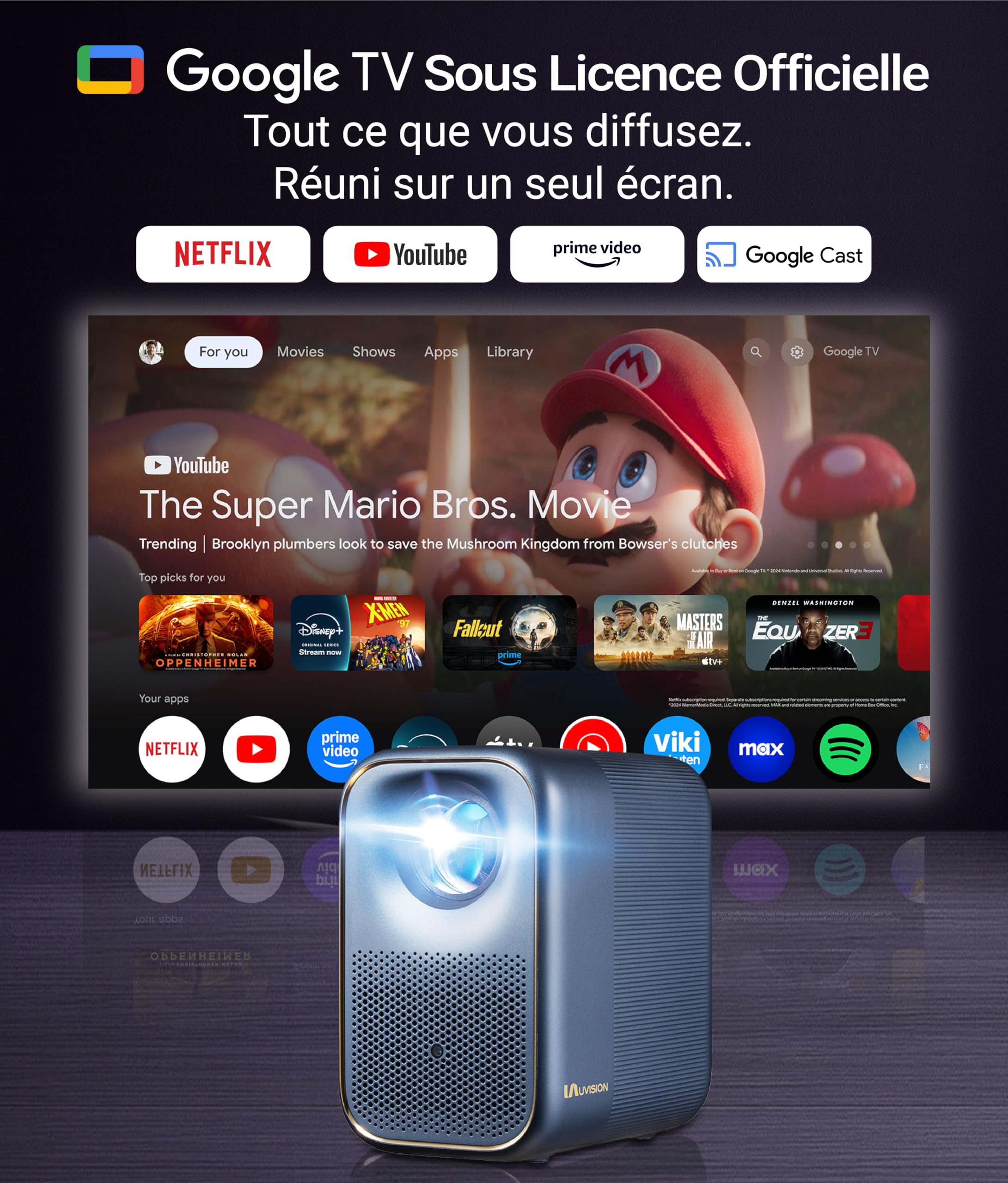 vidéoprojecteur Intelligent AllPlay avec Google TV, Full HD 1080p, WiFi et Bluetooth, Mise au Point Automatique, Correction trapézoïdale, Audio Dolby, Portable avec étui