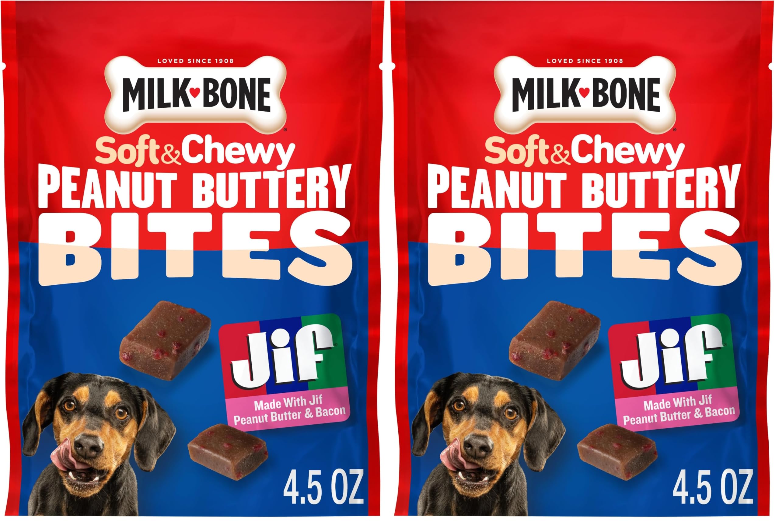 Milk-Bone Peanut Buttery Bites, Soft Dog Treats with Jif Peanut Butter &amp; Real Bacon, 4.5 Oz. Bags (Pack of 2)