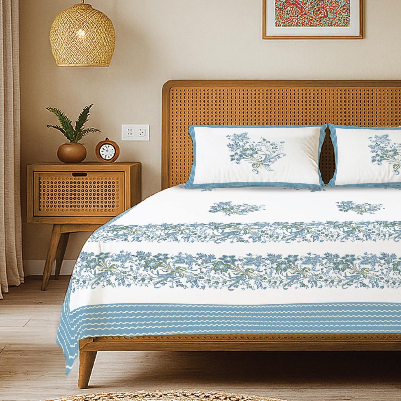 Urban Space 100% Cotton Jaipuri Handblock Printed King Bedsheet with 2 Pillow Covers, 200 TC Cotton King Bed Sheet (Size 108 x 108 inches, Taarini Blue)-picture-20