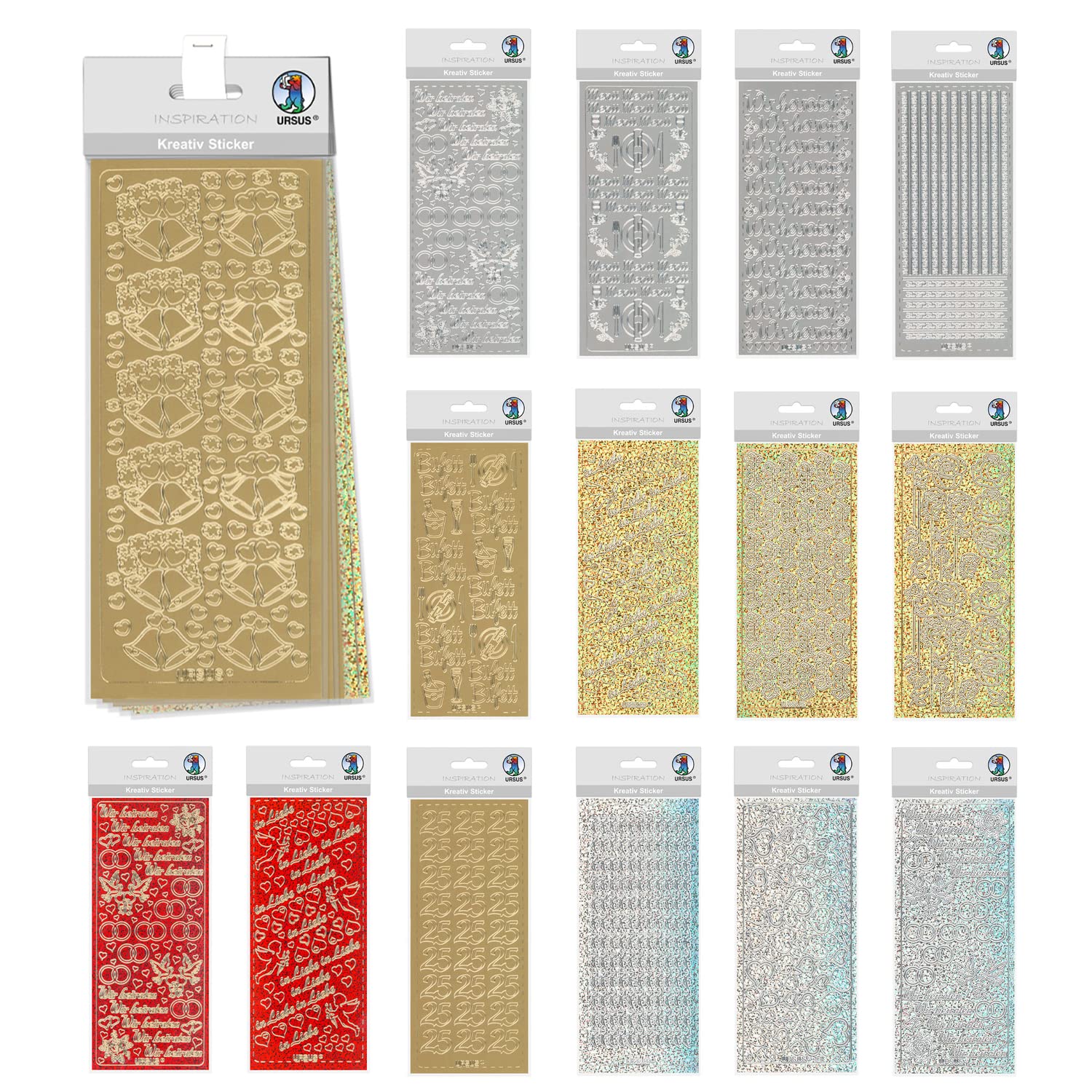 Ursus 59260005 - Creative Sticker Set Wedding 1, Set of 15 Different Coloured Sticker Sheets, Self-Adhesive, Easy to Peel, Suitable for Card Making