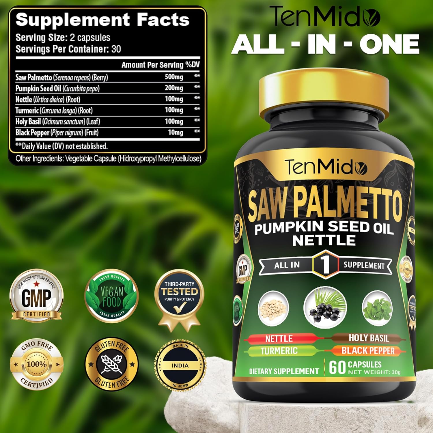 Saw Palmetto Supplement - 6in1 Blend with Pumpkin Seed Oil, Stinging Nettle, Turmeric, Holy Basil & Black Pepper - 60 Vegan & Non-GMO Capsules