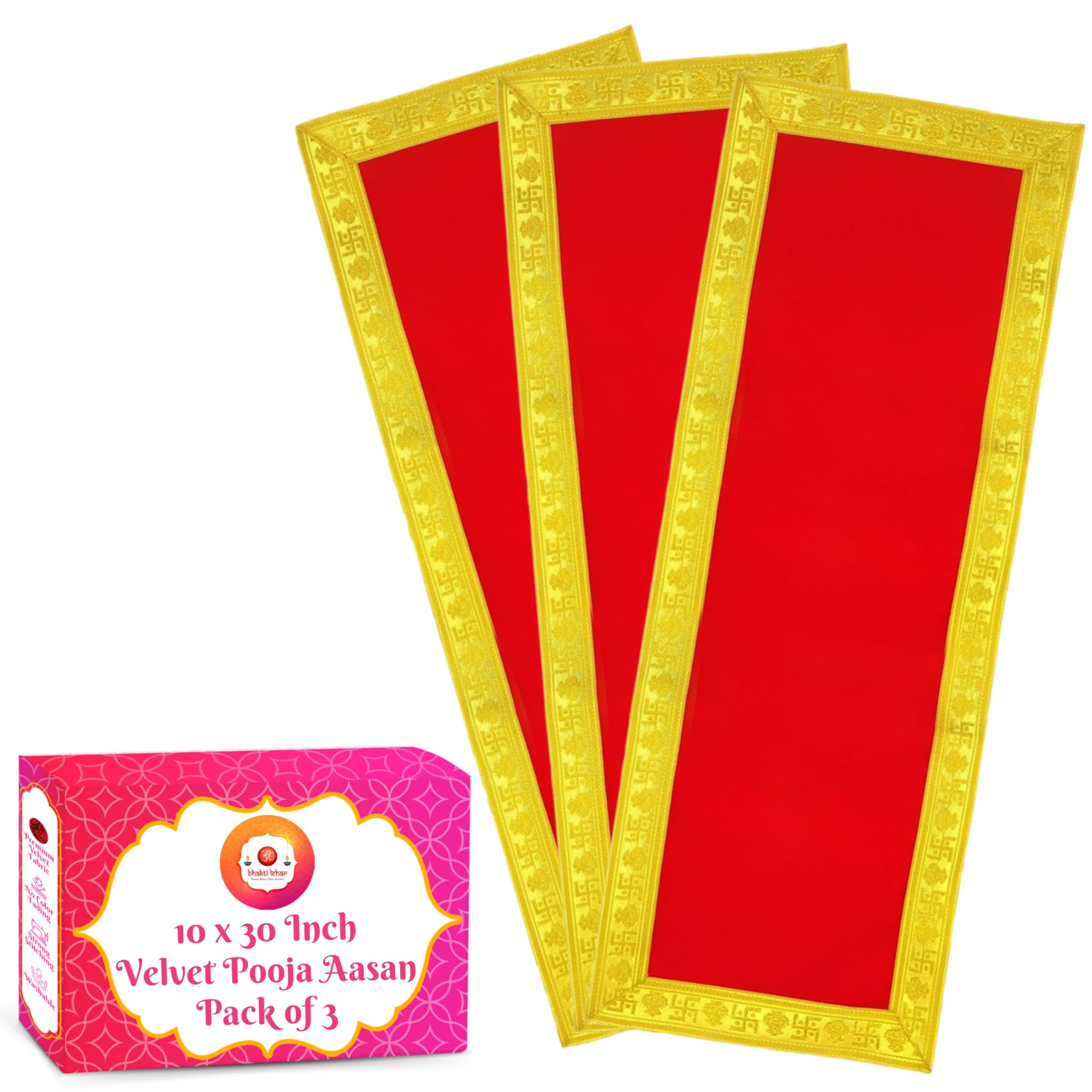Bhakti Lehar (10 x 30 Inch) Plain Red Velvet Pooja Aasan for God Idol/Chowki Aasan Kapda Cloth for Temple Shelf Home Mandir, Ganesh Baithak and God Idol Sitting - Pack of 3