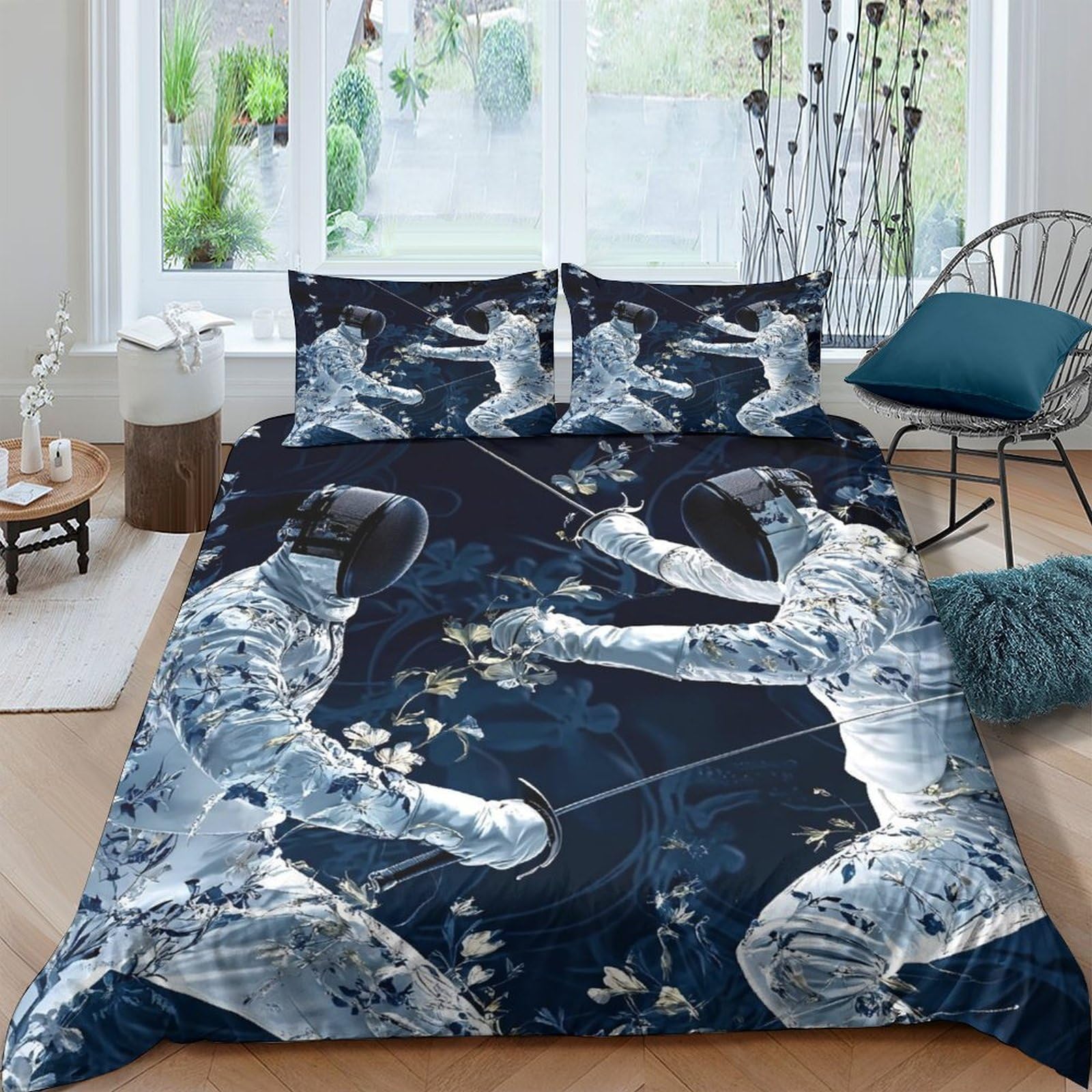 GPLZQXKJNH 3D Printed Fencing Sports Duvet Cover Microfiber Soft Navy Blue Silhouette Quilt Cover Set with 2 Pillowcases for Bedroom Home Decor Single（135x200cm）