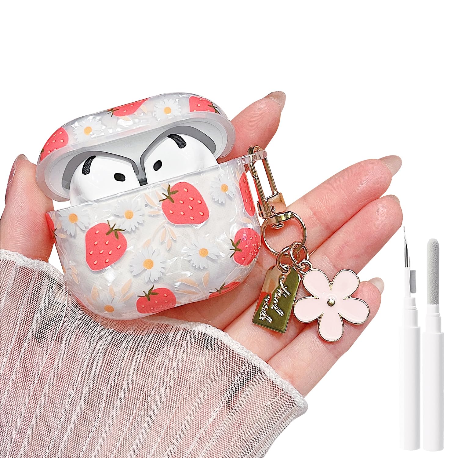 MINSCOSE for Cute Glitter AirPods 4 Case,Shell Pattern Girly Strawberry Design with Trendy Floral Keychain,Soft TPU Protective Cover with Cleaner Kit for Girls Women for AirPods 4-Red