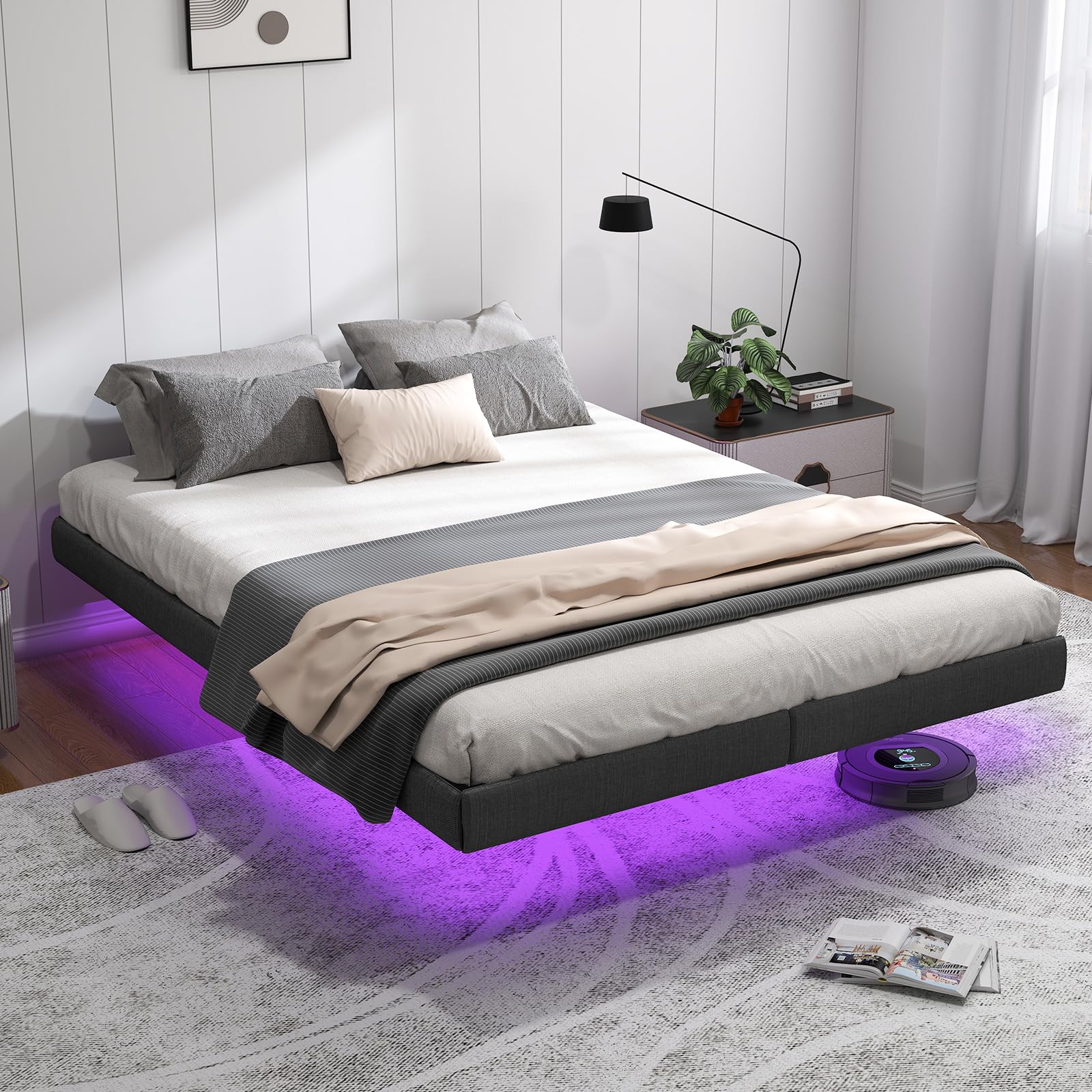 Floating Bed Frame Queen with LED Lights, Metal Platform Queen size Floating Bed Frame with Under Bed Storage, Heavy Duty Steel Slats Support, No Box Spring Needed, Noise Free, Easy Assembly, Gray