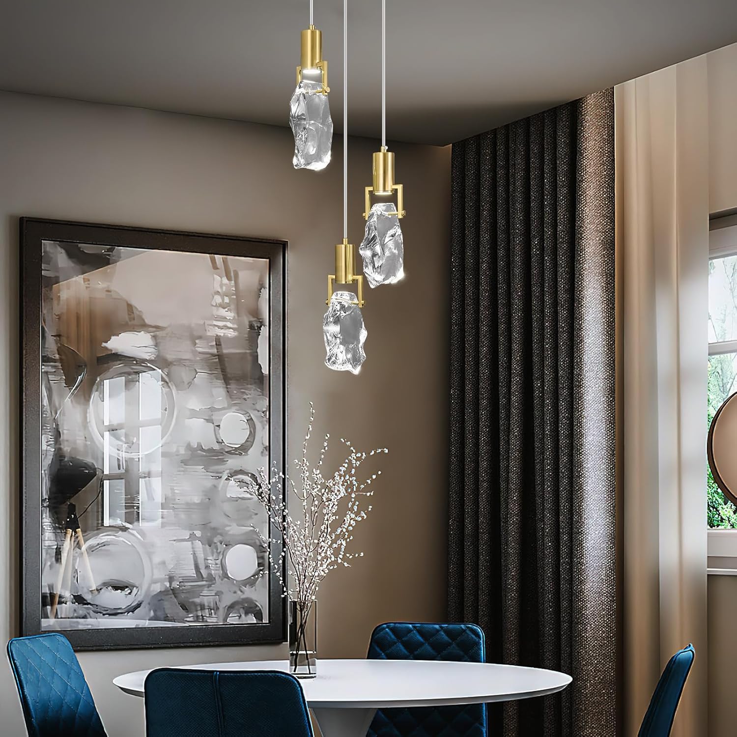 Modern Gold Pendant Lights Kitchen Island Clear Irregular Crystal Pendant Light Fixtures LED Mini Pendant Lights for Kitchen Island Living Dinning Room Bedroom Farmhouse(3 Lights)