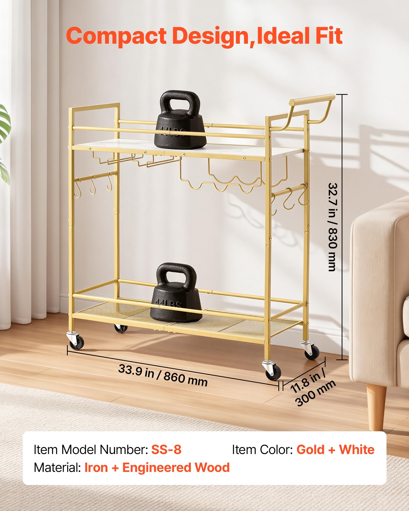 VEVOR Desserte Polyvalente, Chariot de Service pour Bar 2 Niveaux 86x30x83 cm, Rangement Vins Ustensiles Boissons Cuisine, Bar Roulant Étagères en Bois et Grillagée, avec Range-bouteilles Porte-verres