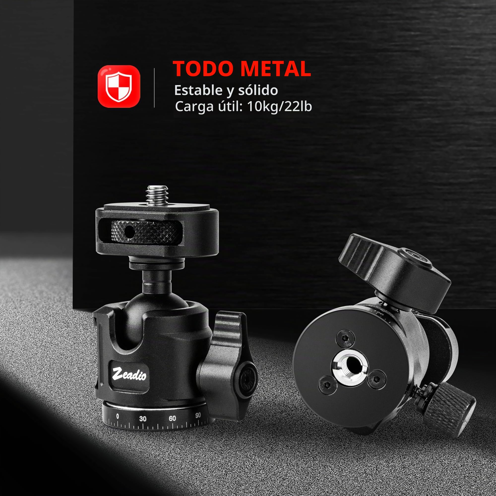 Zeadio Mini Rótula de Bola Totalmente Metálica y Panorámica 360°, con Zapata Fría y Tornillo de 1/4", Rótula Compacta para Trípode, Monopie, Cámara DSLR, Vlogging, Transmisión en Vivo y más