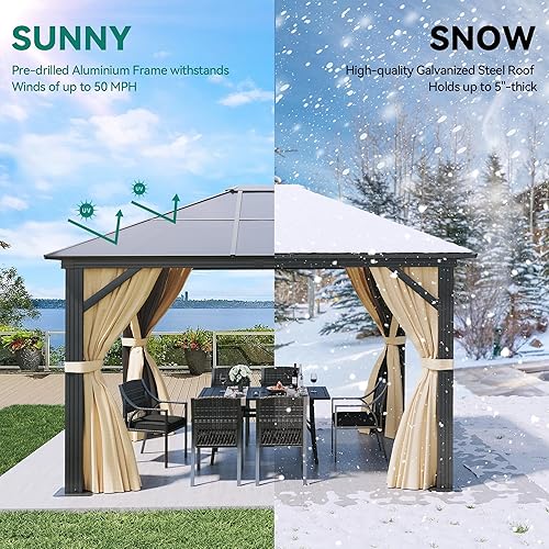 Miniatura 5 de YITAHOME Cenador de techo rígido para exteriores con red y cortinas sombreadas, marco de aluminio, carpa de jardín de policarbonato para patio,