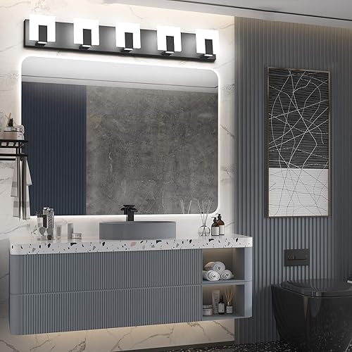 Miniatura 2 de Aipsun - 5 Lámparas de tocador, modernas, de color negro, con luz led arriba y abajo, para colocarlas sobre el espejo del tocador del baño, de 6,000