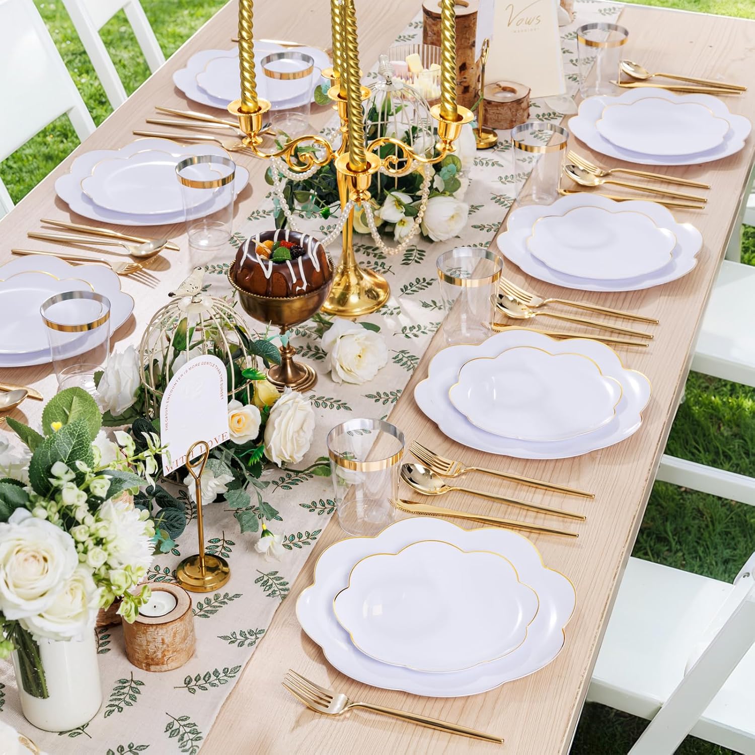 EI 180pcs White Plastic Plates with Gold Plastic Silverware,Heavy-Duty Disposable Plates for Party,White Dinnerware Set for 30 Guest Wedding,Birthday,Spring Afternoon Tea