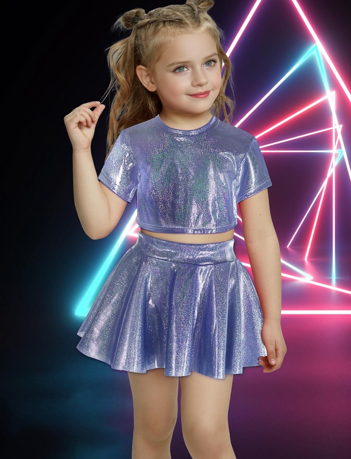 Happy Cherry 2Pcs Kids Girls Shiny Metallic Short Sleeve Crop Top with Pleated Skirt Set Dancewear Performance Costumes - Image 2