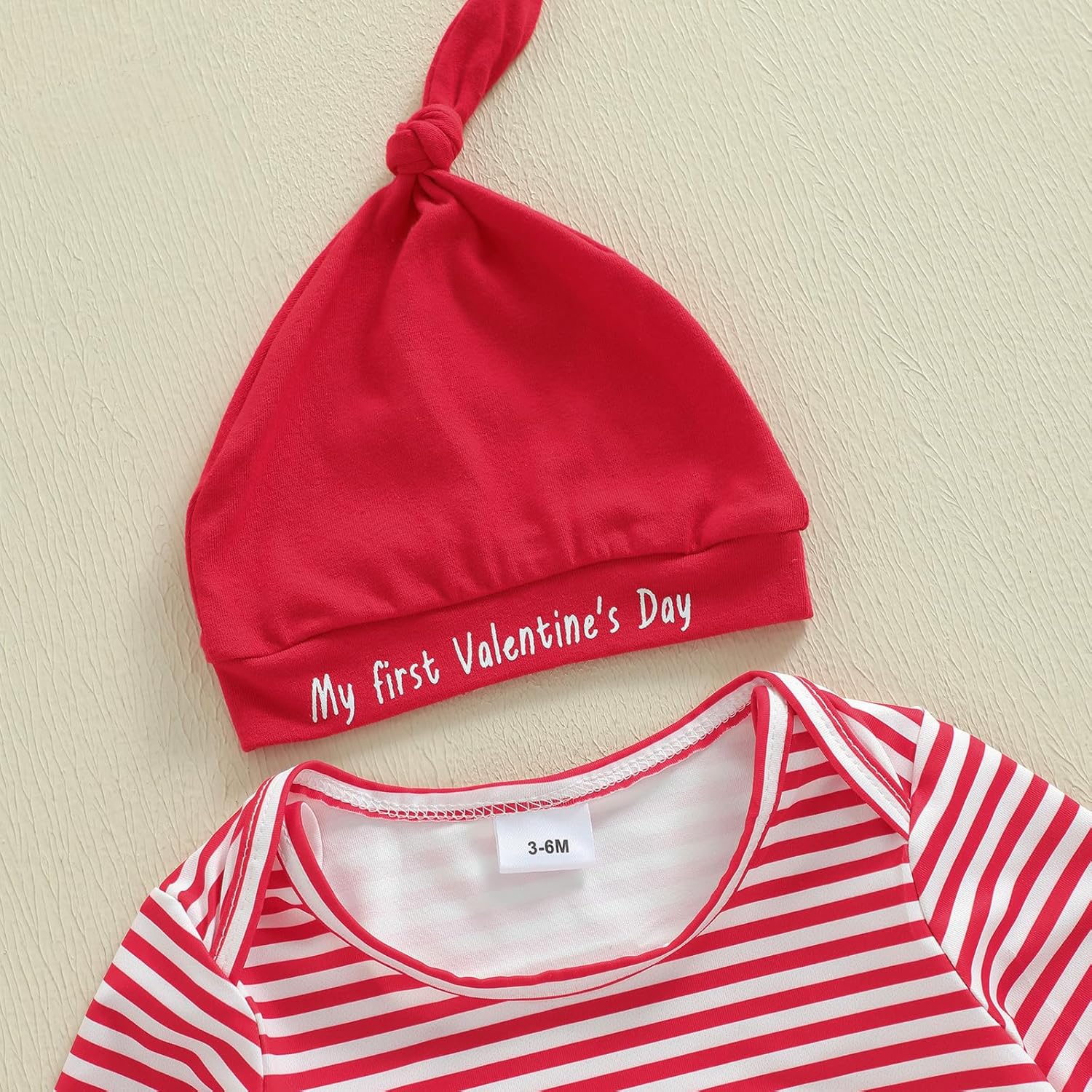 Newborn Infant Baby Boy Valentines Outfit Heart Crusher Long Sleeve Striped Romper + Red Suspender Pants + Hat 3Pcs - Image 4