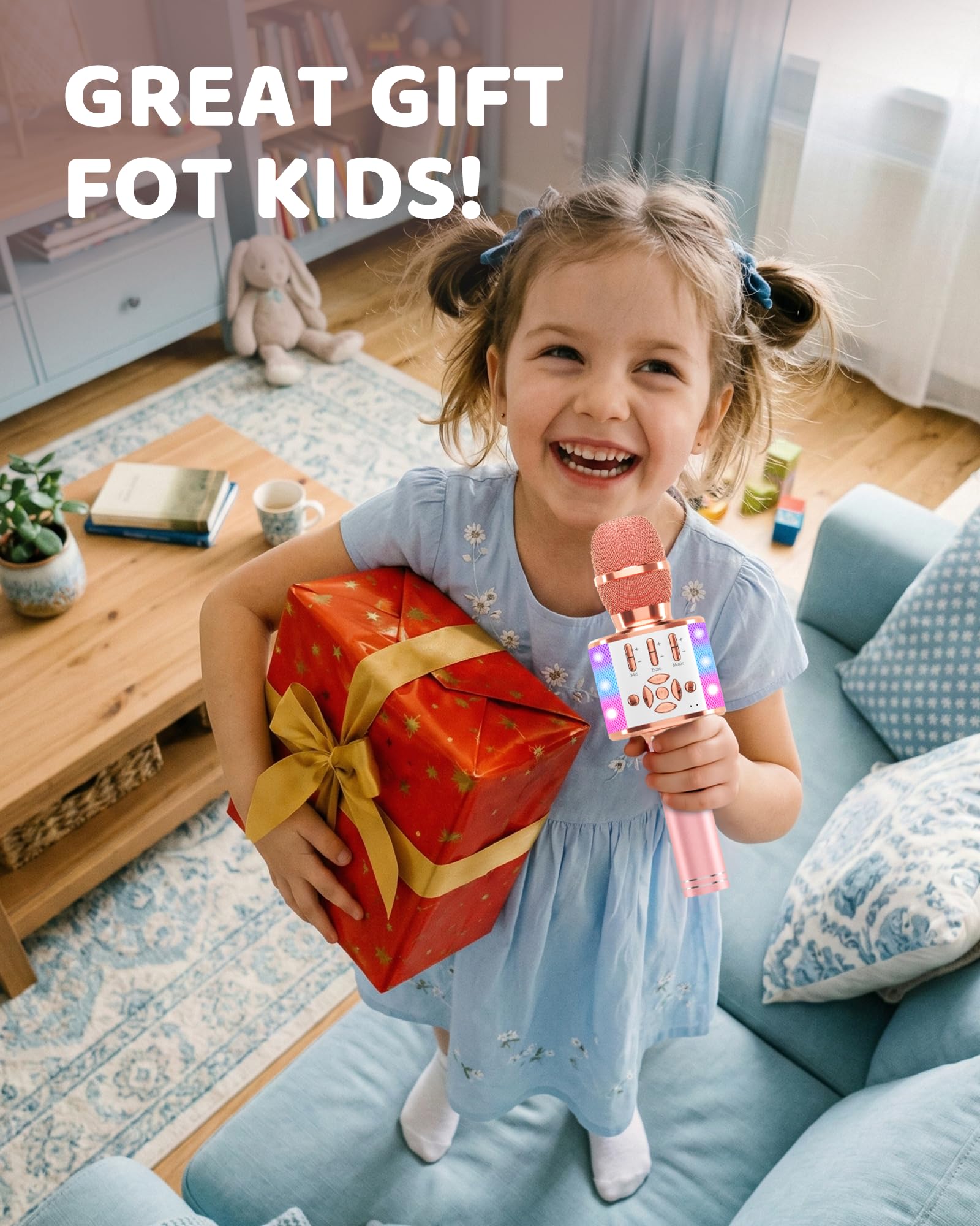 BONAOK Microphone Bluetooth sans Fil, Micro Enfants avec Lumières LED, Mini Machine Karaoké pour Fête/Maison/Anniversaire, Compatible avec Bluetooth iOS Android (Rose)