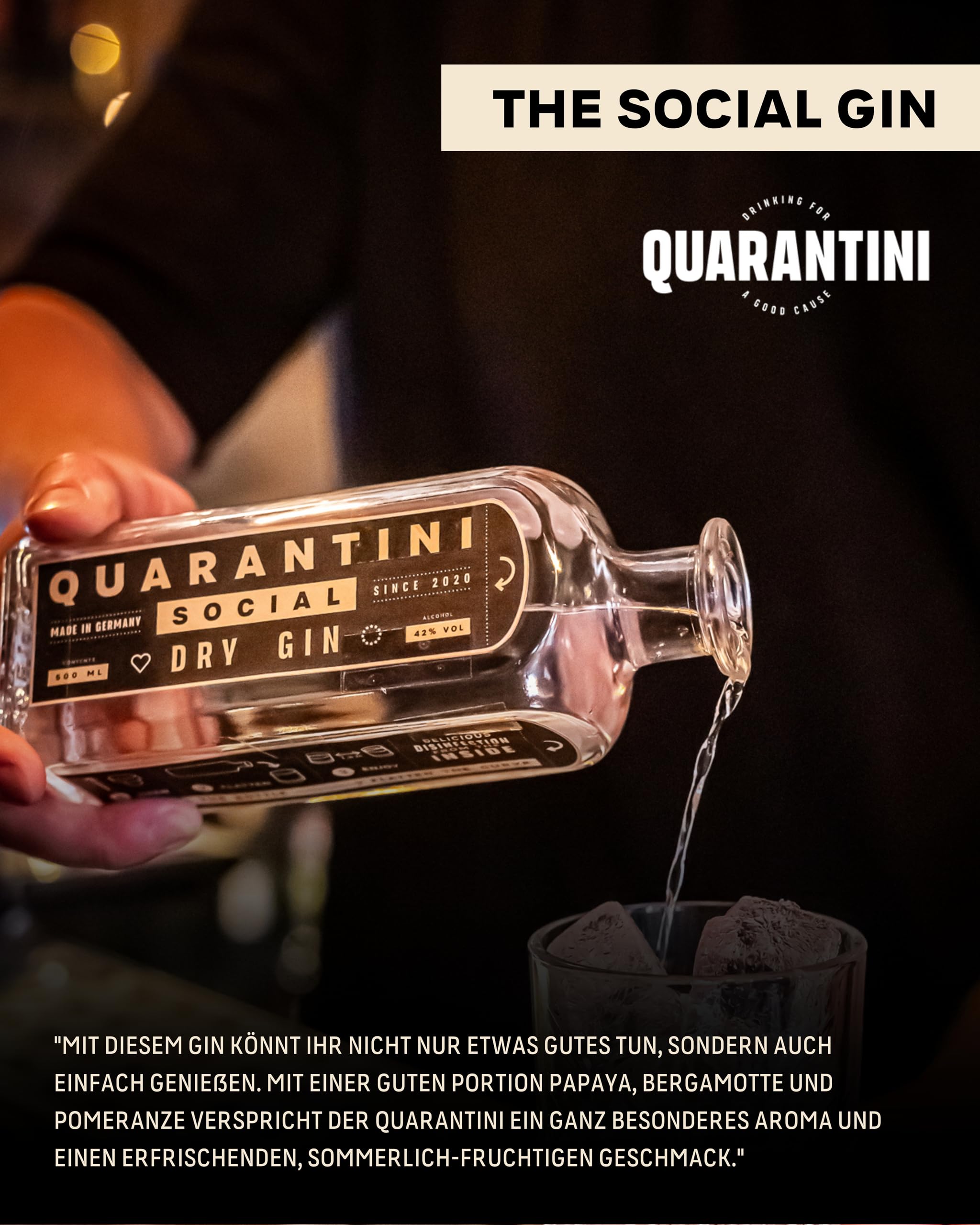 Quarantini Dry Gin 42% Vol. (500 ml Geschenkset) – mit aromatischen Botanicals aus Papaya, Bergamotte und Pomeranze