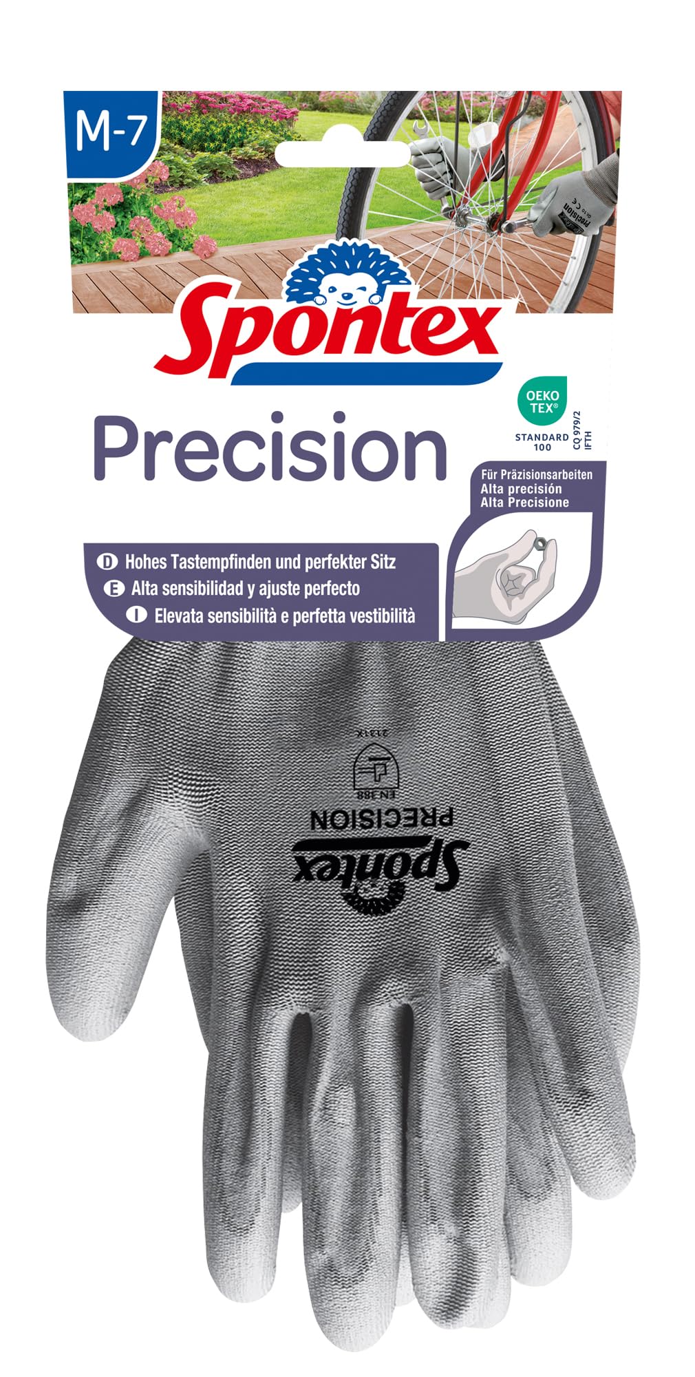 Spontex Precision Handschuhe, ideal für feine Arbeiten im Trockenbereich, mit PU-Beschichtung, hohes Tastempfinden, Farbe nicht frei wählbar, Größe M, 1 Paar, sortiert Baumarkt