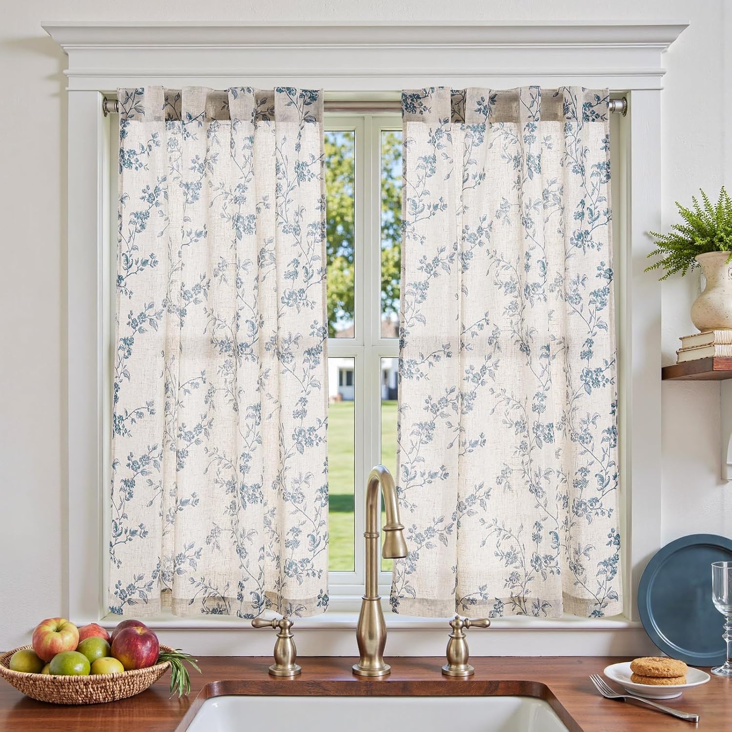 jinchan Floral Kitchen Curtains 45 Inch Linen Tier Curtains Farmhouse Cafe Half Window Drapes for Small Windows Light Filtering Blue on Beige for Living Room Bathroom Back Tab 2 Panels