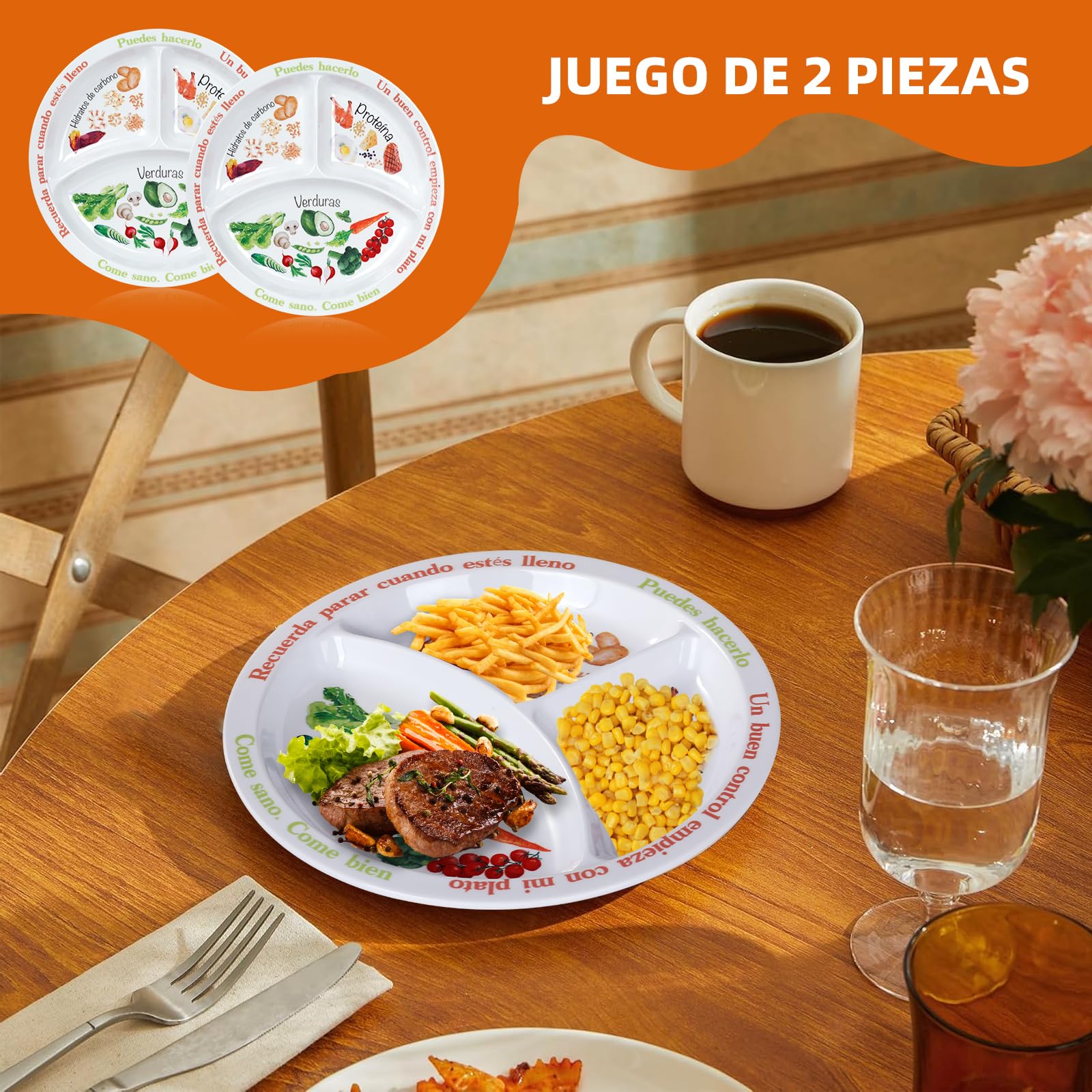 Plato de control de porciones para nutrición equilibrada – Platos de alimentación saludable para adultos y adolescentes – Separadores de melamina, pérdida de peso, diabetes (2)