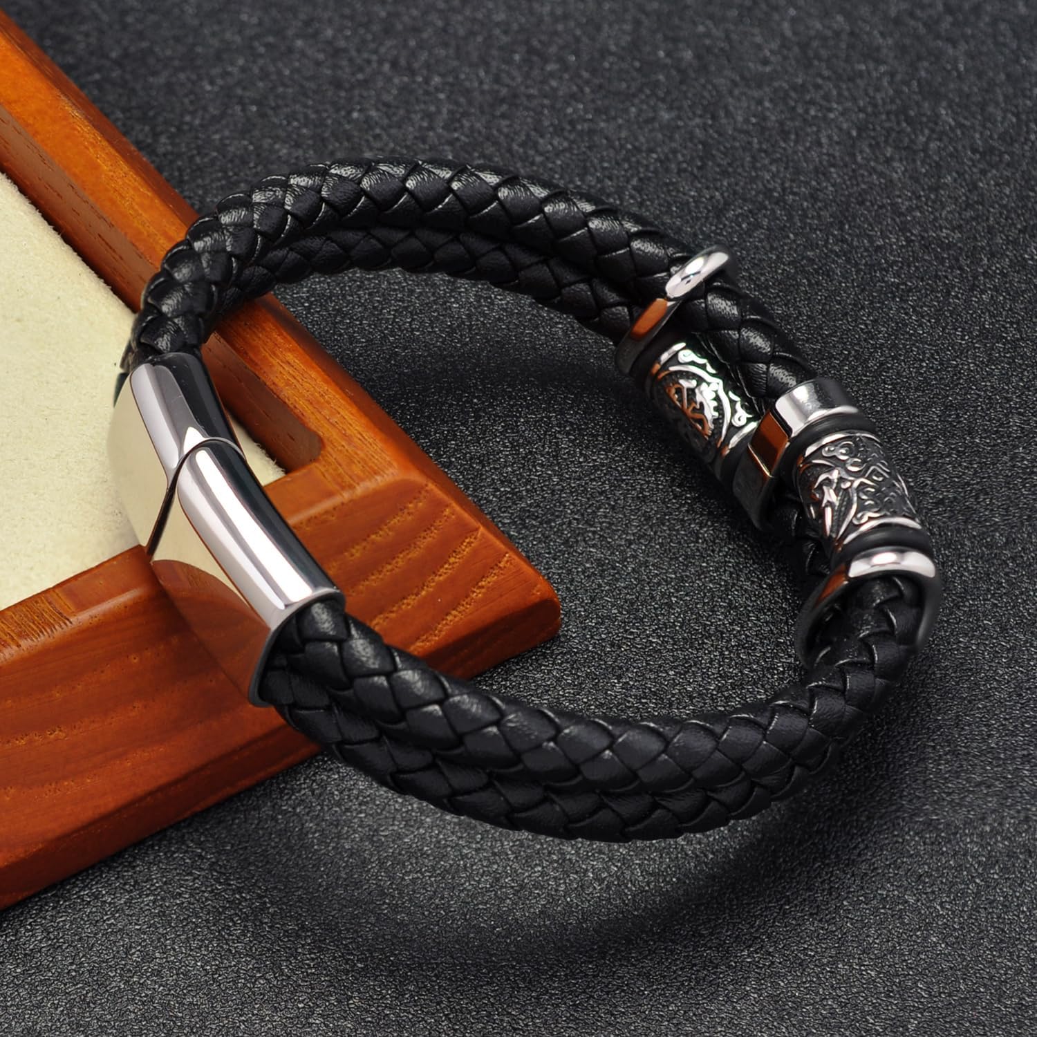 Mens Double Row Braided Leather Wristband Stainless Steel Beaded Double Layer Leather Cord Wristband Bangle Viking Bracelet Gift for Men - Image 5