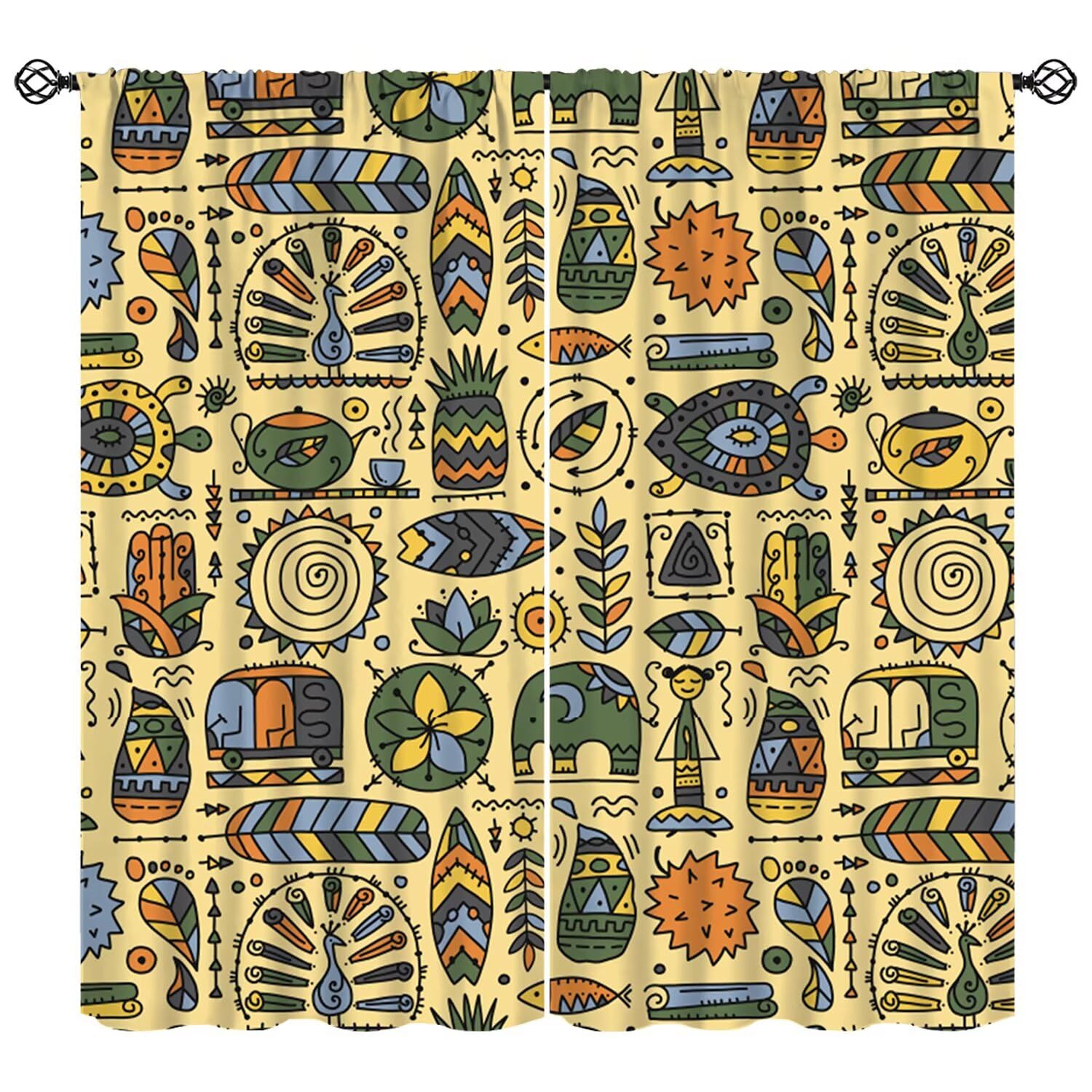 Moderw Ethnic Tribal Curtain, Vintage Folk Abstract Animals Window Treatments Ancient Ornament Boho Geometric Traditional Blackout Window Curtain for Bedroom Living Room W84xL84in