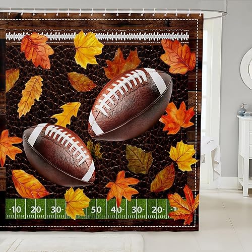Cortina de baño de fútbol americano, cortina de ducha con temática de pelota deportiva de otoño para niños, hojas de arce otoñal, tela impermeable