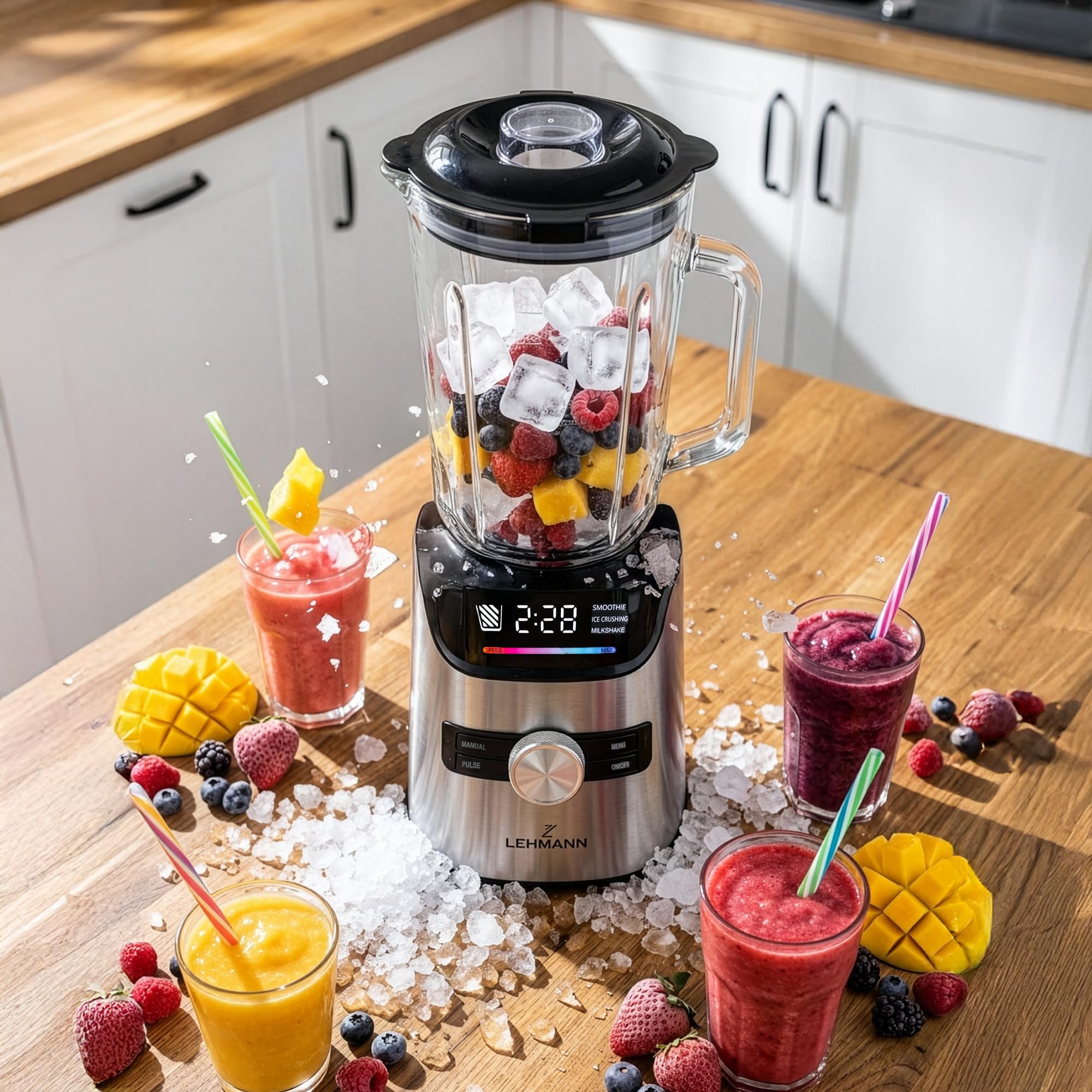 LEHMANN Frullatore Elettrico in Vetro 1,7 L, 10 Velocità, Pulse e 3 Programmi: Smoothie, Tritaghiaccio, Milkshake, Parti Lavabili in Lavastoviglie, Bottiglia Portatile e Macinino, 1400 W, Argento