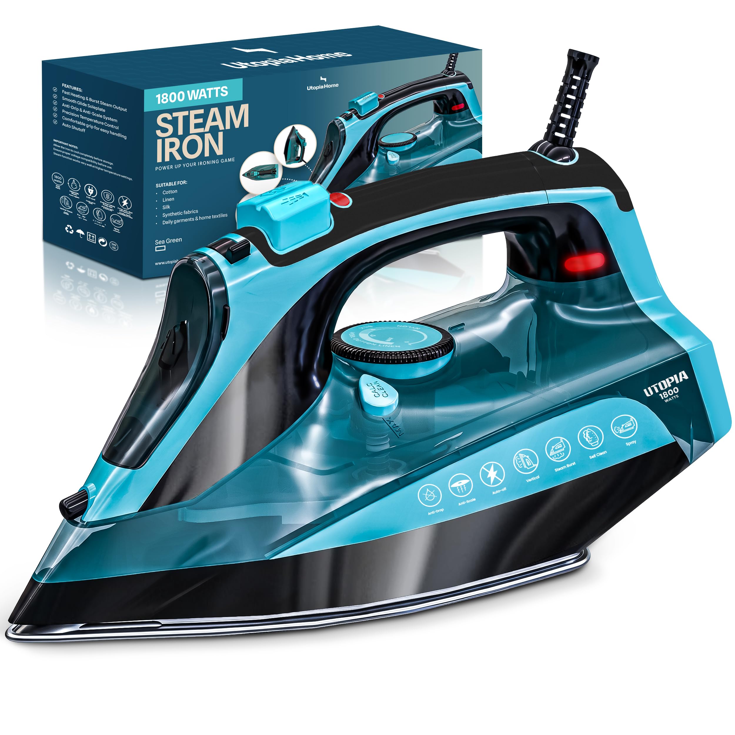 �️Utopia Home Steam Iron - 1800W Non-Stick Soleplate (Sea-Green, Modern)