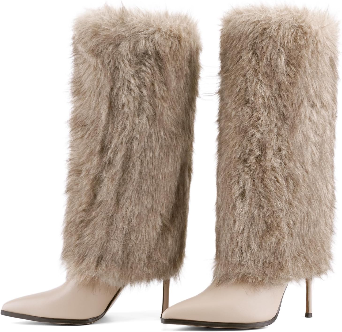 QIV Fur Knee High Boots women Pointed Toe Stiletto Winter Fashion Tall Boot for Women