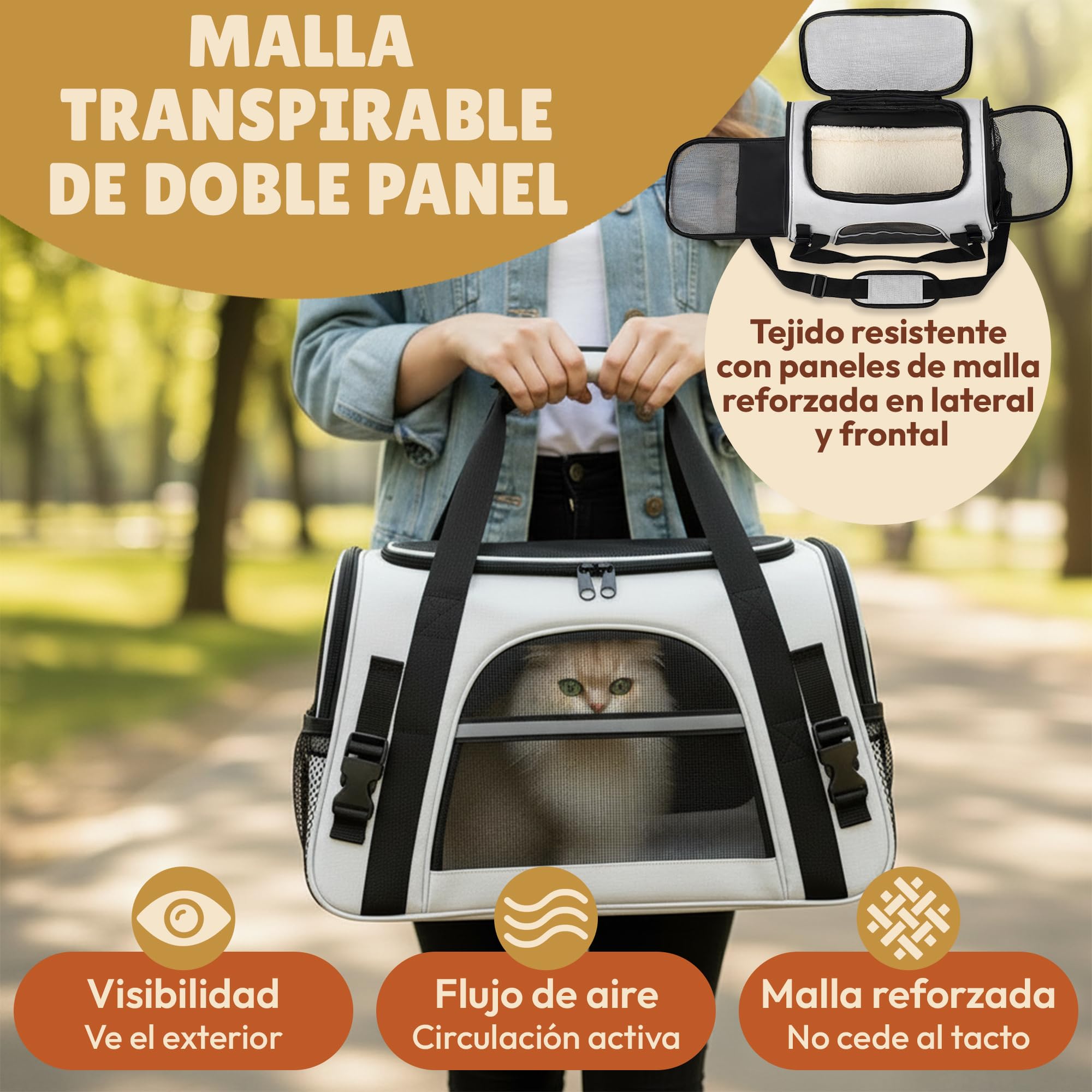 Transportín para Gato Apto para Avión – Bolsa Blanda y Plegable hasta 8 kg con Asa y Correa – Ideal para Viajes y Coche. Incluye Botella Agua Perro 2 en 1