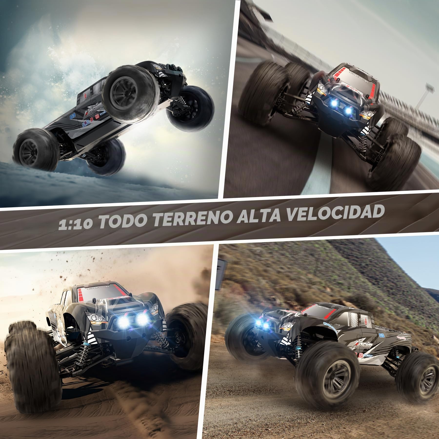 Hosim Coche teledirigido rápido 1:10 con luces RC Vehículos todoterreno 48+ km/h, Grado Hobby Drift RC Monster Truck con 2 baterías 40+ min de tiempo de juego para niños, adultos (X06, negro)