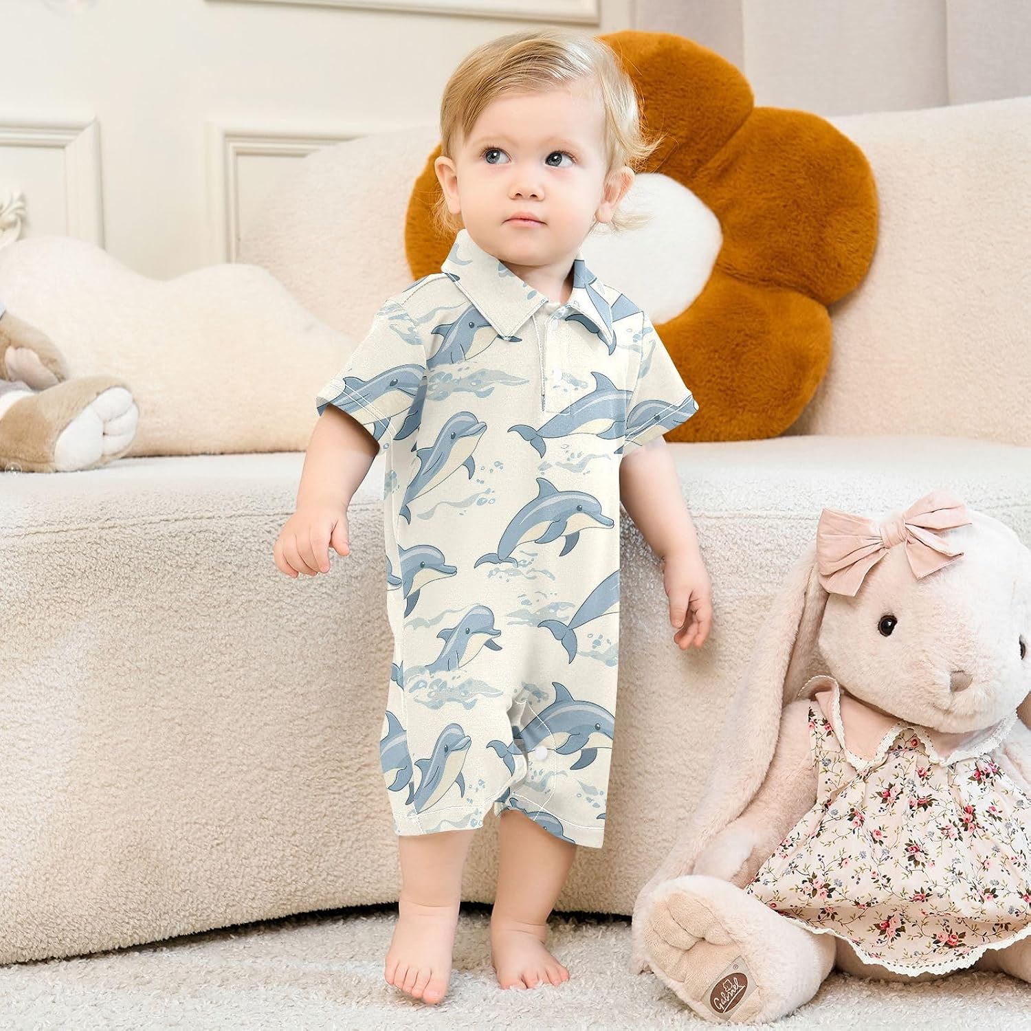 vvfelixl Baby Polo Bodysuit Cute Dolphin in Ocean Short Sleeve Collared Baby Clothes,Babys Polo Romper for 3-6 Months