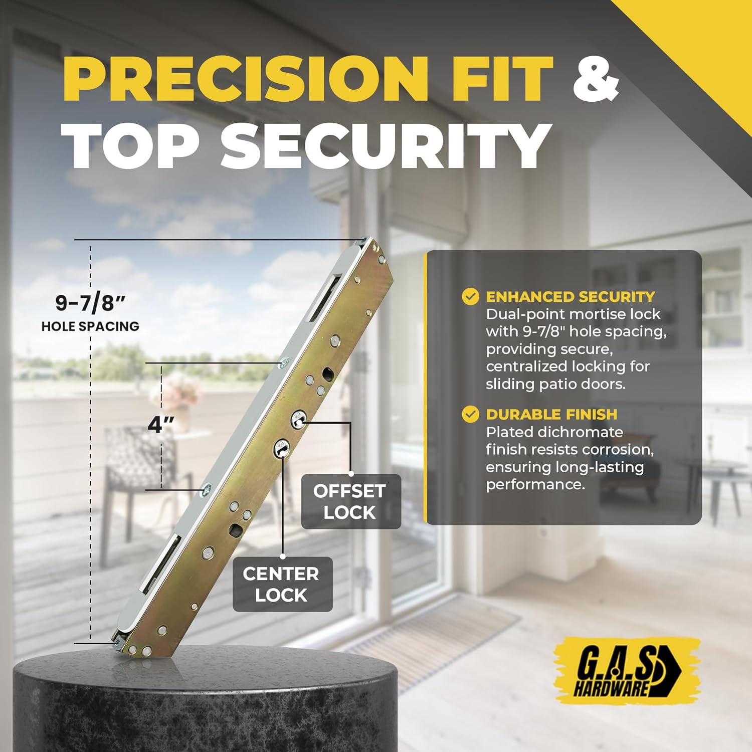 10" Sliding Patio Glass Door Two Point Mortise Lock, 9-7/8" Hole Spacing, Compatible with Either Center or Offset Latch Position