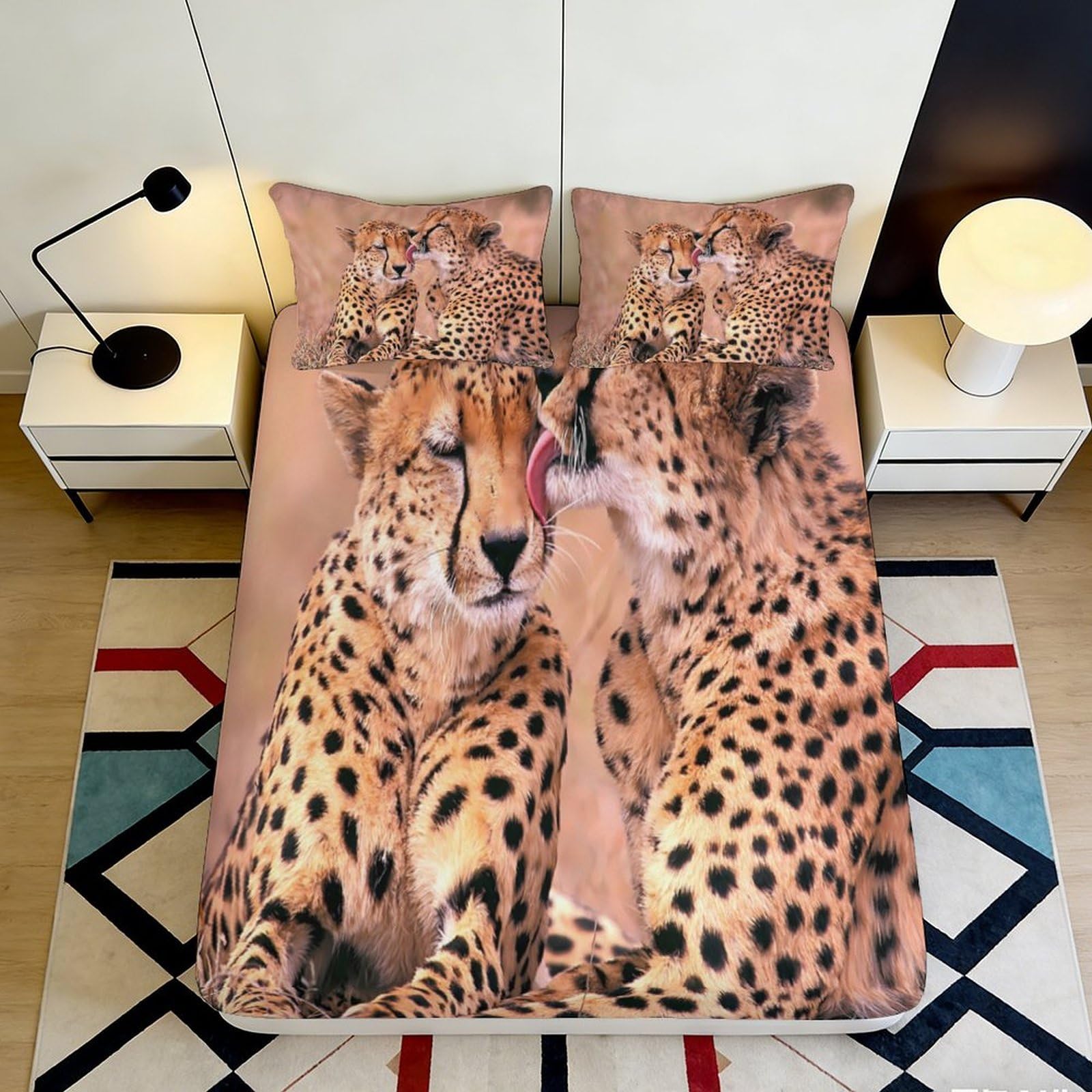 3D Printed Leopard Family Fitted Sheet Microfiber Soft Breathable Cheetah Pattern Mattress Cover for Bedroom Dorm Mattress Protection Decor 90x200x25cm