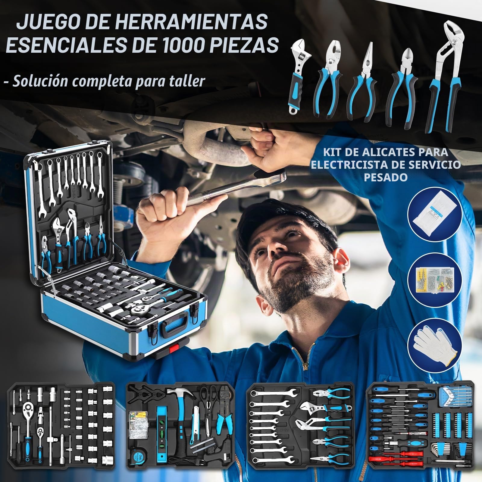 TEENO Maletín Herramientas | 1000 Piezas Caja Herramientas | Carro Herramientas con Asa Telescópica | Caja de Herramientas Completa con 4 Niveles | Maleta de Cromo Vanadio y Acero | Hogar, Auto y DIY
