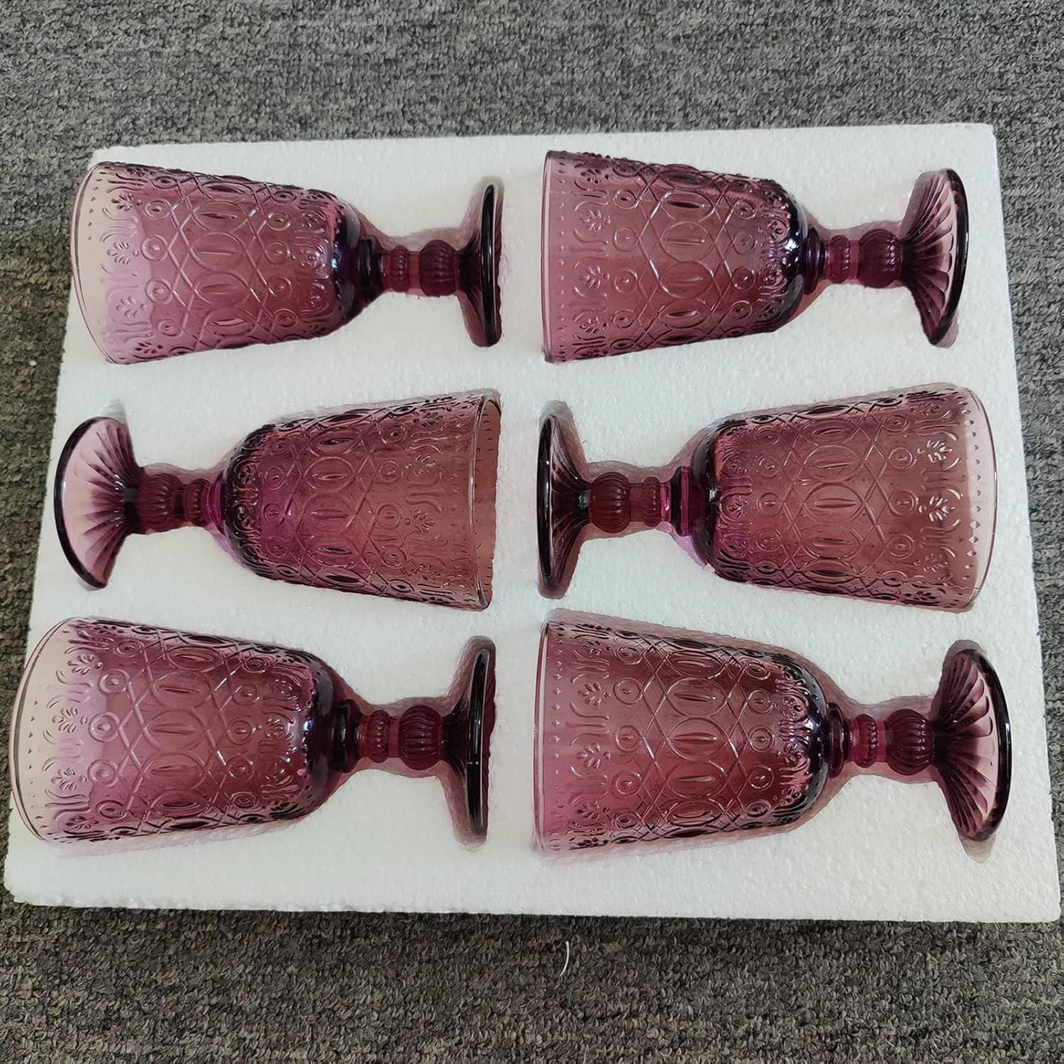 Vintage Glassware Purple Water Goblets Drinking Colored Wine Glasses set of 6 Pink Embossed Drinkware Stemware 10 oz for Wedding Party Bar Christmas - Image 4