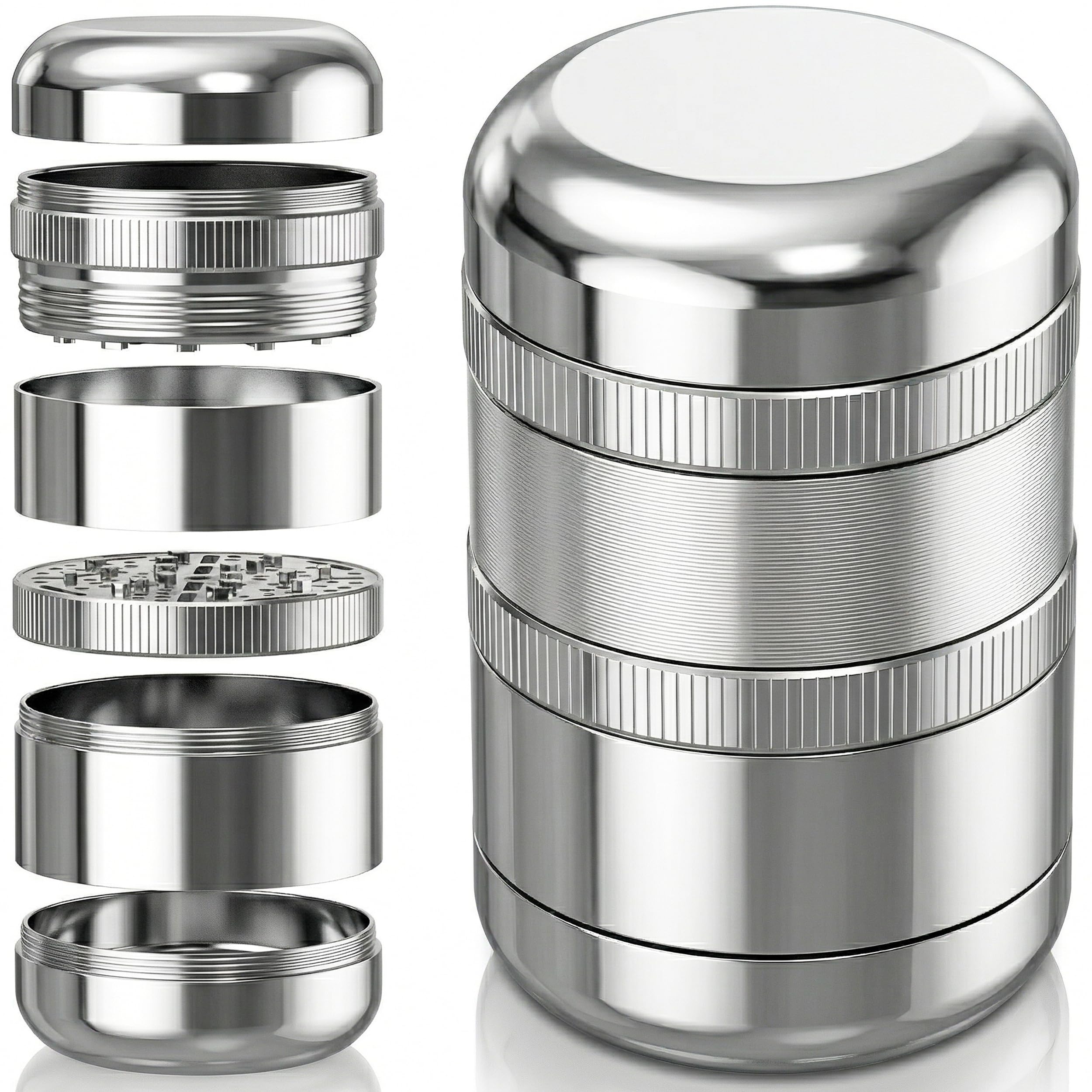 Viberium Grinder Metallo 60 mm- Grinder Belli Tritino, Grinders Kit Original, Accessori per Erbe, Herb Crusher Professionale, Macinino, 4 Pezzi, Argento