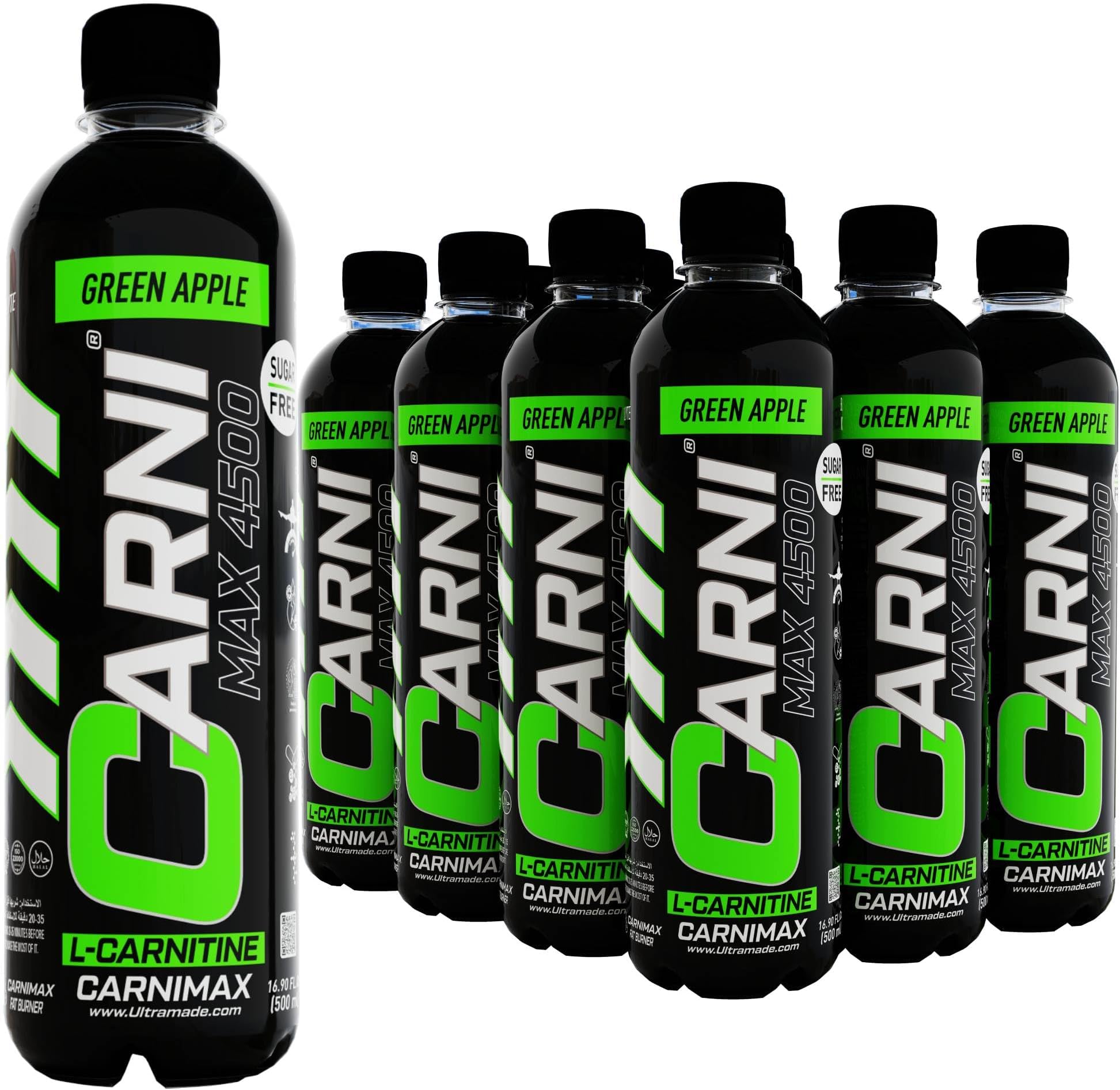 CARNIMAX L-Carnitine – Green Apple – 0g Sugar, 4500mg L-Carnitine, Electrolytes, CLA + Chromium, B Complex Vitamins – Maximum Fat Burn, Pre-Workout Drink, 500ml (Pack of 12)