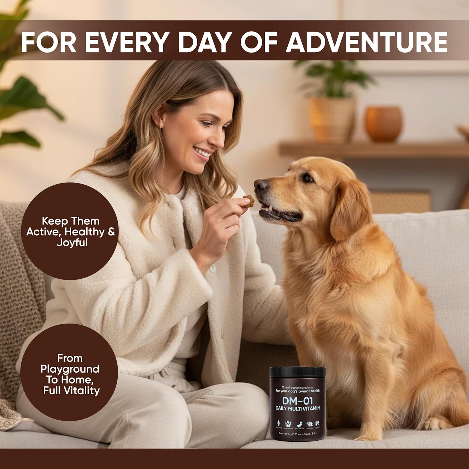 DM-01 Daily Multivitamin, Multivitamin Itch Relief Chews for Dog, Made with 12 Active Ingredients for Hip & Joint, Digestive & Boost Immunity, 60 Chew