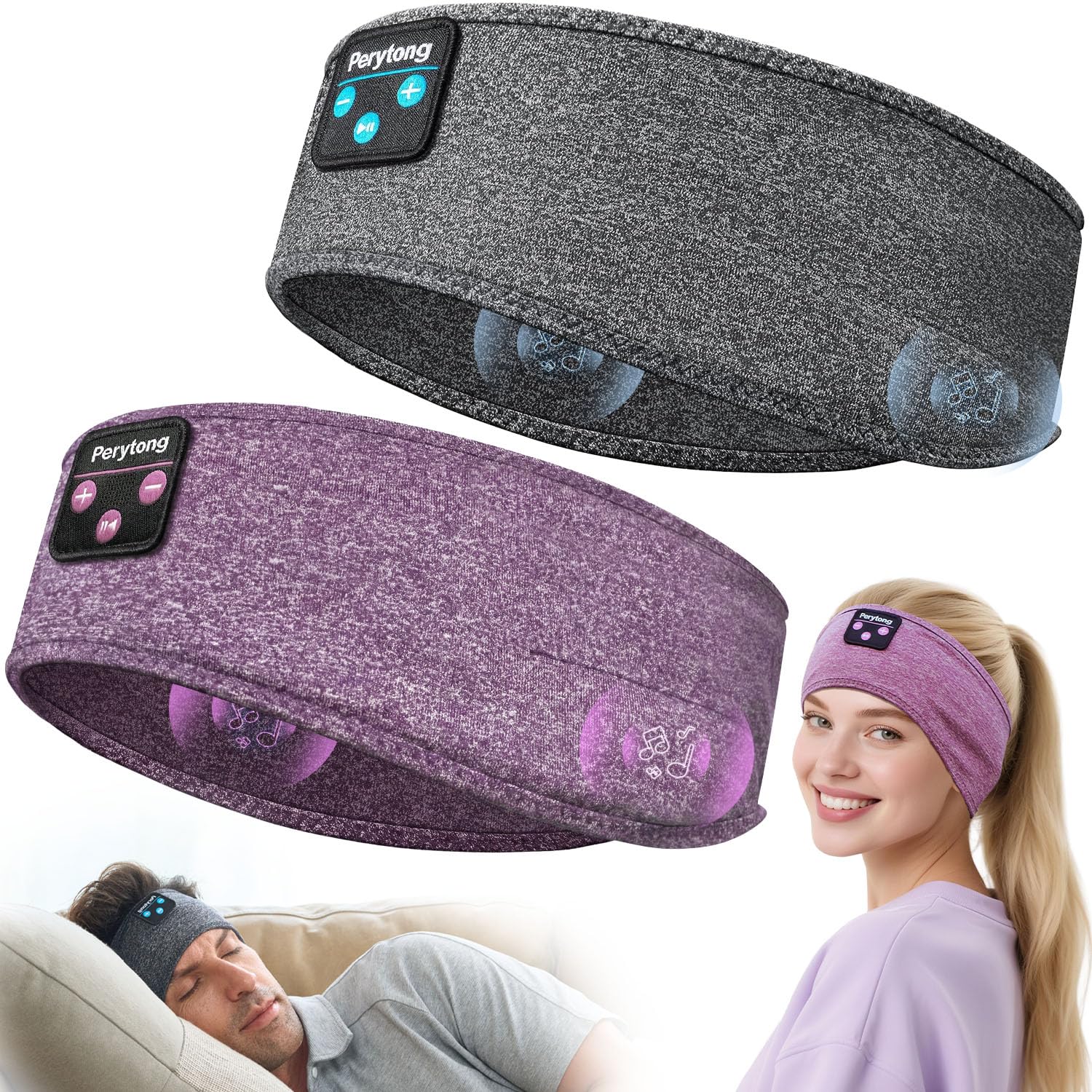 Perytong 2-Pack Sleeping Headphones Bluetooth Headband