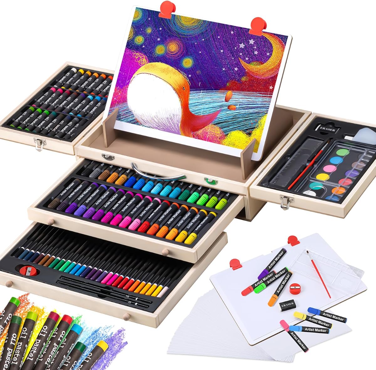VigorFun Art Supplies, Wooden Art Set Crafts Drawing Kit with Drawing Easel | Deluxe Kids Art Set, Oil Pastels, Colored Pencils, Watercolor Cakes, Creative Gift for Kids, Teens, Beginners Girls Boys