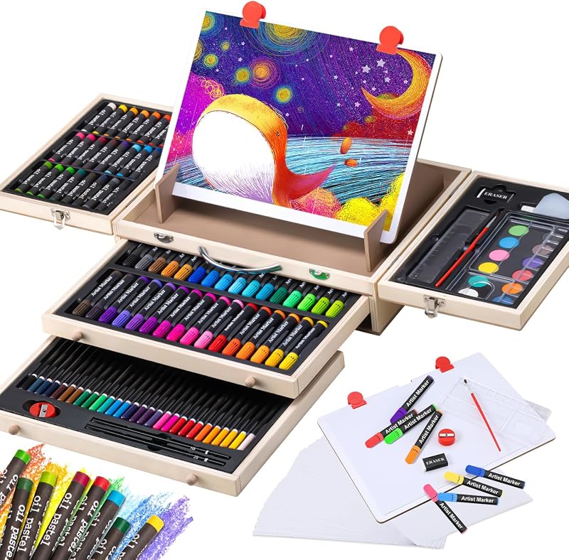 VigorFun Art Supplies, Wooden Art Set Crafts Drawing Kit with Drawing Easel | Deluxe Kids Art Set, Oil Pastels, Colored Pencils, Watercolor Cakes, Creative Gift for Kids, Teens, Beginners Girls Boys