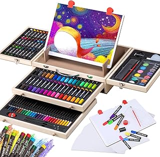 Art Supplies, Wooden Art Set Crafts Kit with Drawing Easel, Deluxe Kids Art Set, Oil Pastels, Colored Pencils, Watercolor Cakes, Creative Gift for Kids, Teens, Beginners Girls Boys