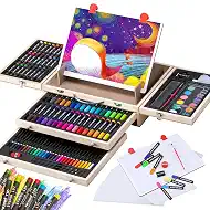 Art Supplies, Wooden Art Set Crafts Kit with Drawing Easel, Deluxe Kids Art Set, Oil Pastels, Colored Pencils, Watercolor Cakes, Creative Gift for Kids, Teens, Beginners Girls Boys