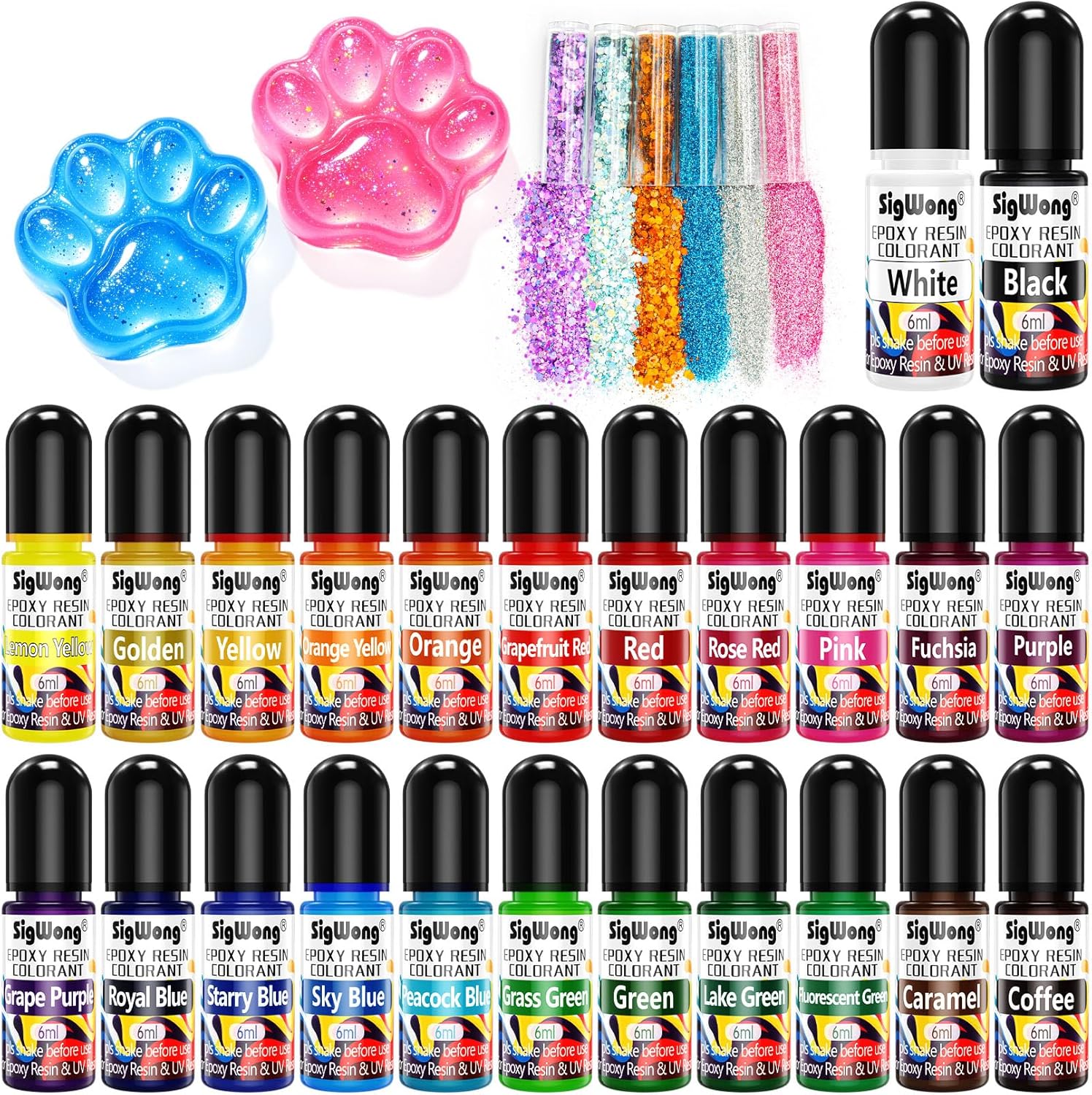 Epoxy Resin Pigment - 24 Colors Liquid Translucent Dye, Highly Concentrated for DIY Jewelry Making, Paint, Craft - 6ml Each, with 6 Colors Resin Glitter