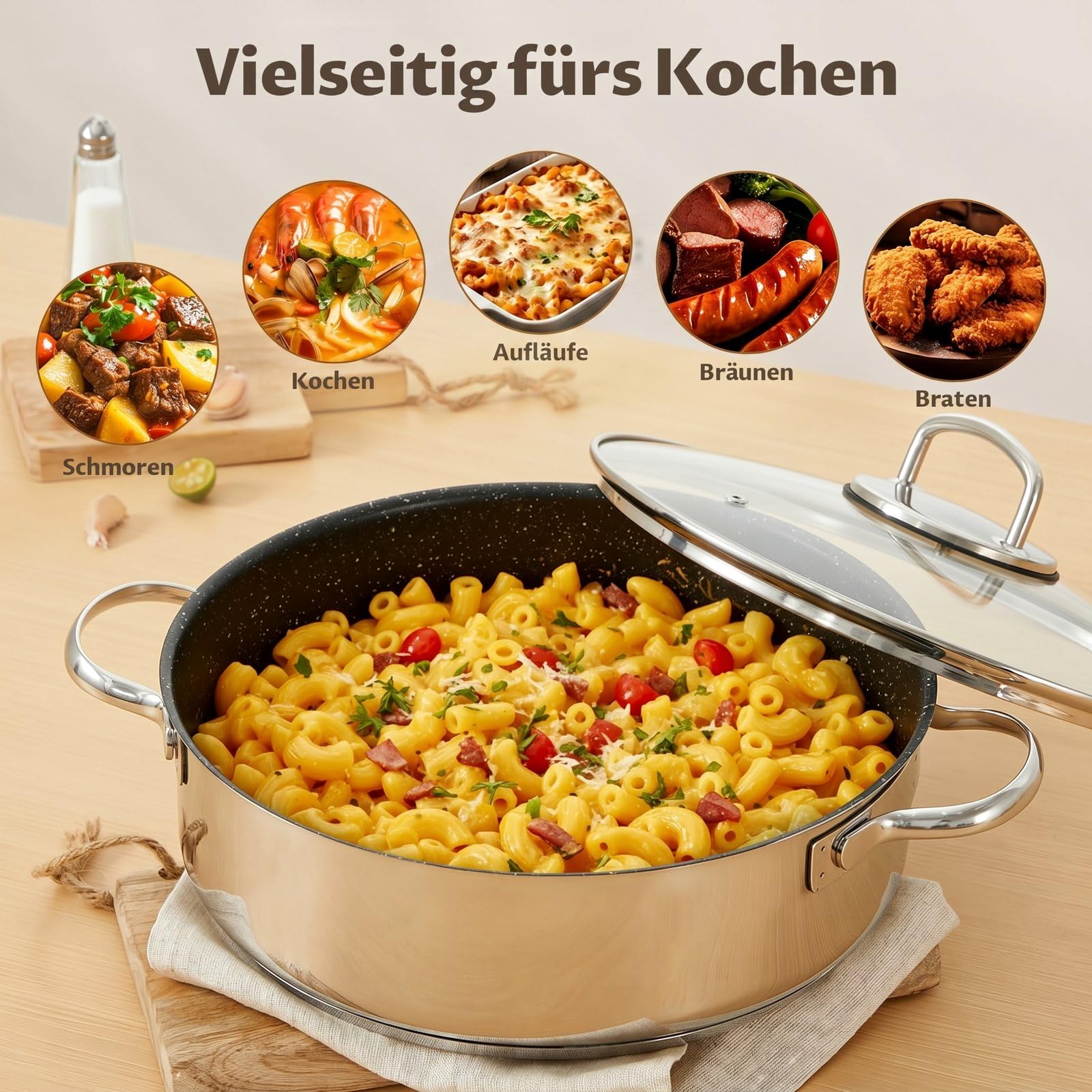 BEZIA Sartén honda de 28 cm de alto, 5,2 L, olla con tapa, acero inoxidable 18/10, revestimiento antiadherente, sin remaches, lavable, sartén para todo tipo de fuegos, para conservar el sabor, apta