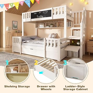 Bunk Beds for Kids, Staircase Bunk with Under-bed Drawers and Chalkboard, Children's Bed, Double High Sleeper Bed for Family with Multiple Children, 90/135 * 190 cm, White(No Mattress)