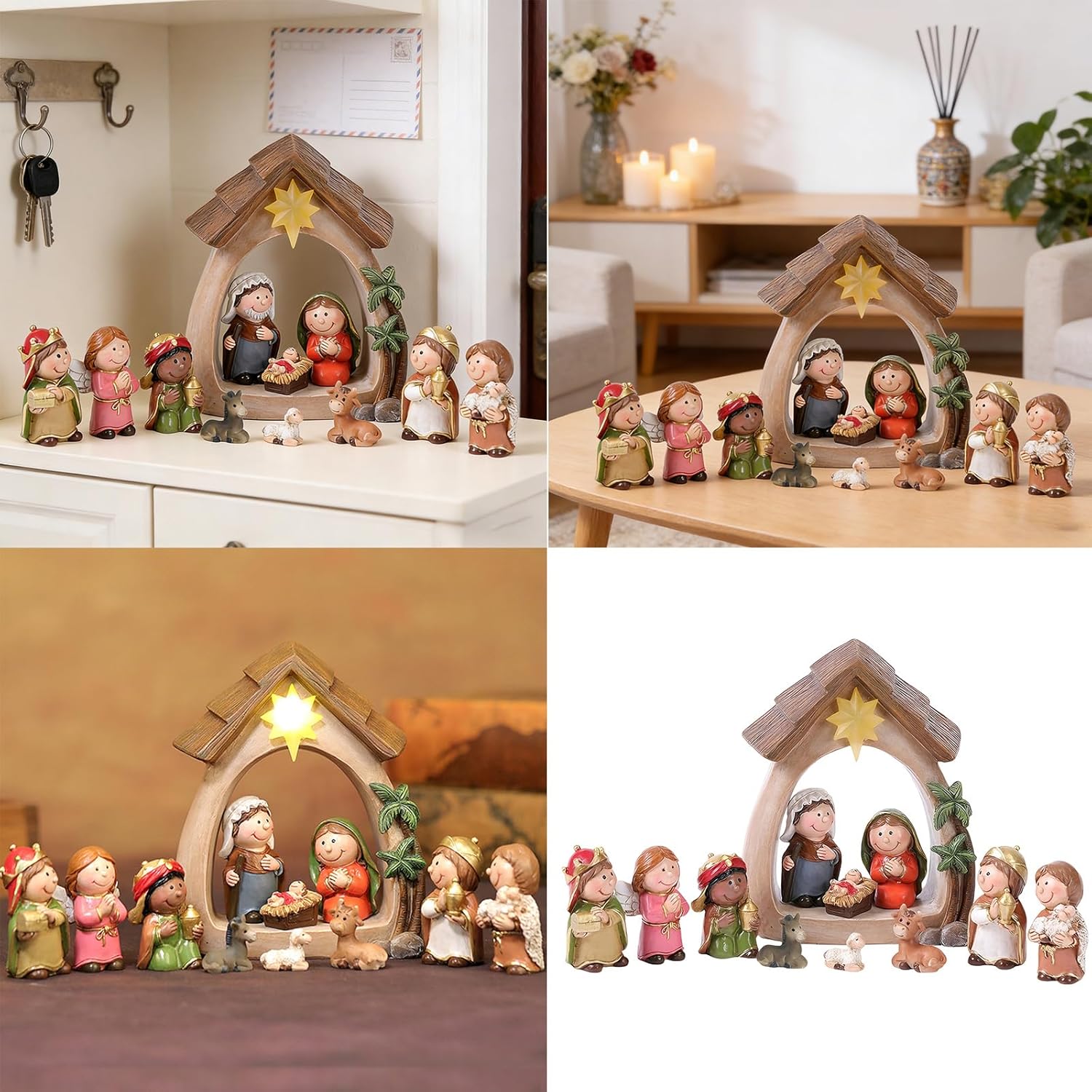 Light Up Nativity Scene Resin Christmas Jesuses Decorations with LED Light Religious Gift Tabletop Ornament Light Up Christmas Nativity Set