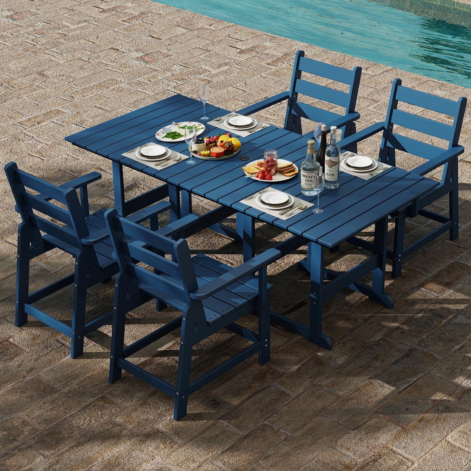 GREENVINES 5-Piece-Outdoor-Table-and-Chairs | HDPE | Patio Furniture | Slatted Dining Sets for 4 | Removable Armrests | Connectable Tables | All Weather | for Backyard Poolside Garden | Blue