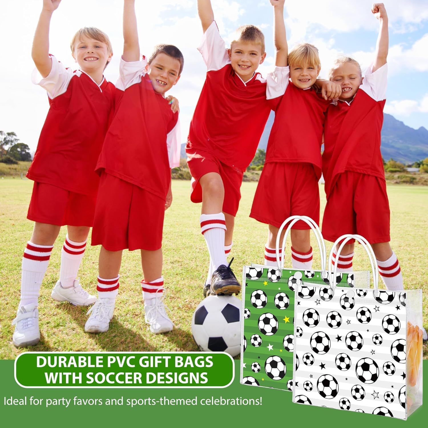 MIMIND 30 Pieces Soccer Gift Bags with Handles PVC Clear 8 x 8 x 3.15 Inch Soccer Goodie Bags Snack Sport Themed Favor Treat Bag for Team Birthday Holiday Party Supplies
